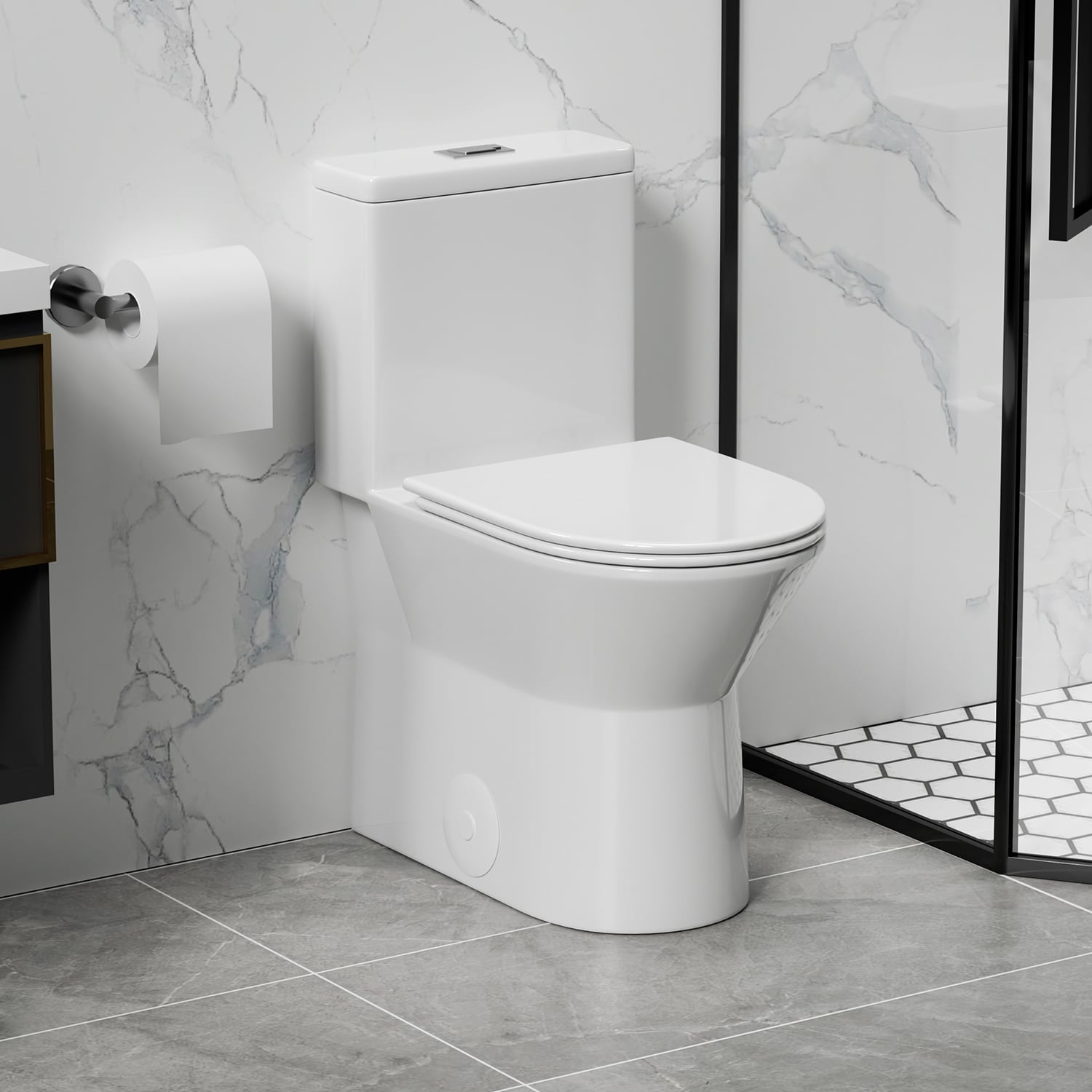 Wooakway 11/16 GPF Tornado Flush One-Piece Toilet with Comfort Chair Seat ADA Height 17-inPowerful and Quiet Dual Flush Modern ToiletSiphonic S-trap 12-inRimless Bowl with Soft Closing SeatGloss White GW-005