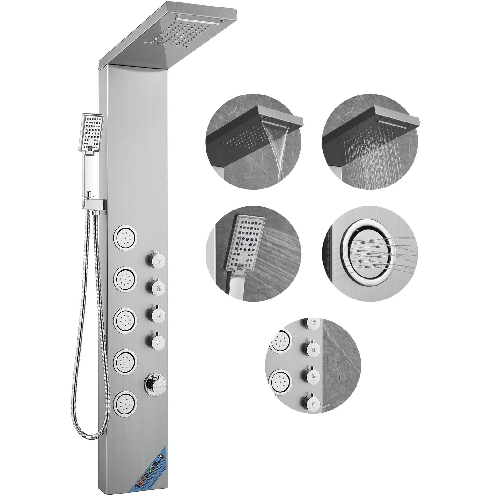 VEVOR SCFTYS4CS2MS03391V0 Shower Panel System  4 Shower Modes Shower Panel Tower  Rainfall  Waterfall  5 Full Body Massage Jets and 3-Setting Handheld Shower Head with 59in Hose  Stainless Steel Wall-Mounted Shower Set