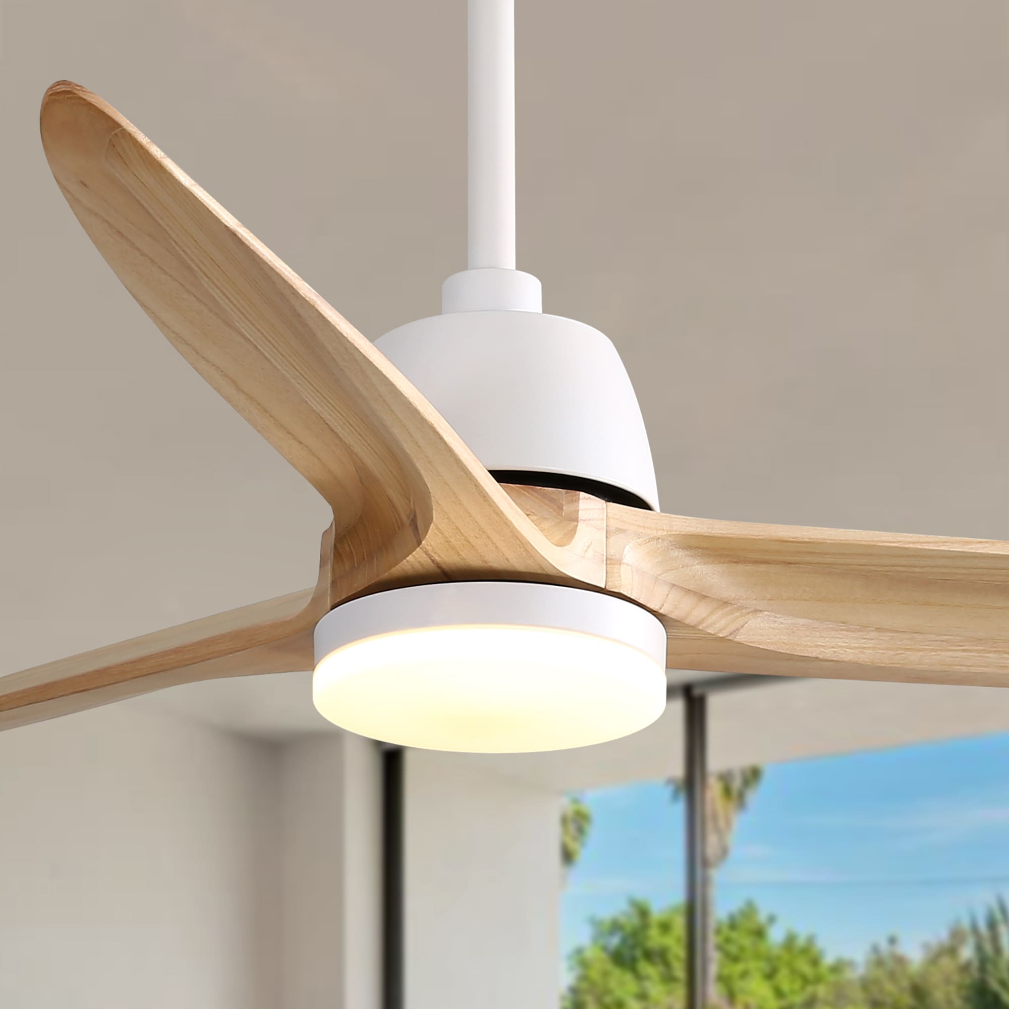ExBrite DICF0047 56-Inches Matte White with Solid Wood Blades Color-Changing Integrated LED Fixture Indoor Downrod mount Propeller Ceiling Fan With Light and Remote ( 3 -Blade)