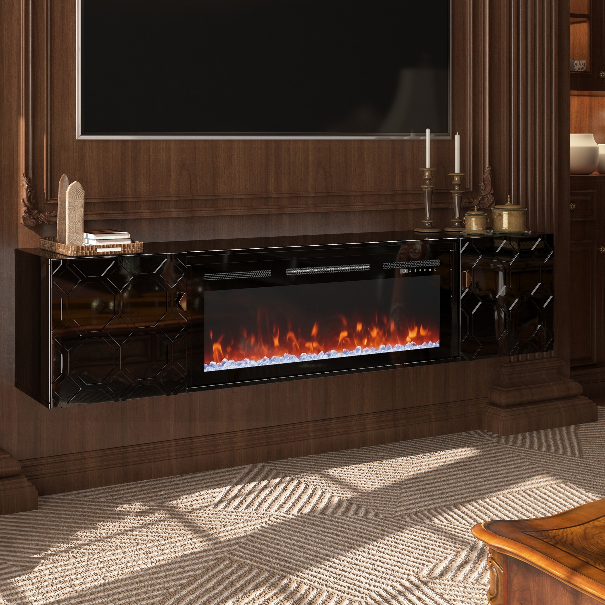 Clihome CL-JHZH008-BK 67.32-Inches W Black Wall mount Fan-forced Wall-mount Electric Fireplace with Remote Control Included
