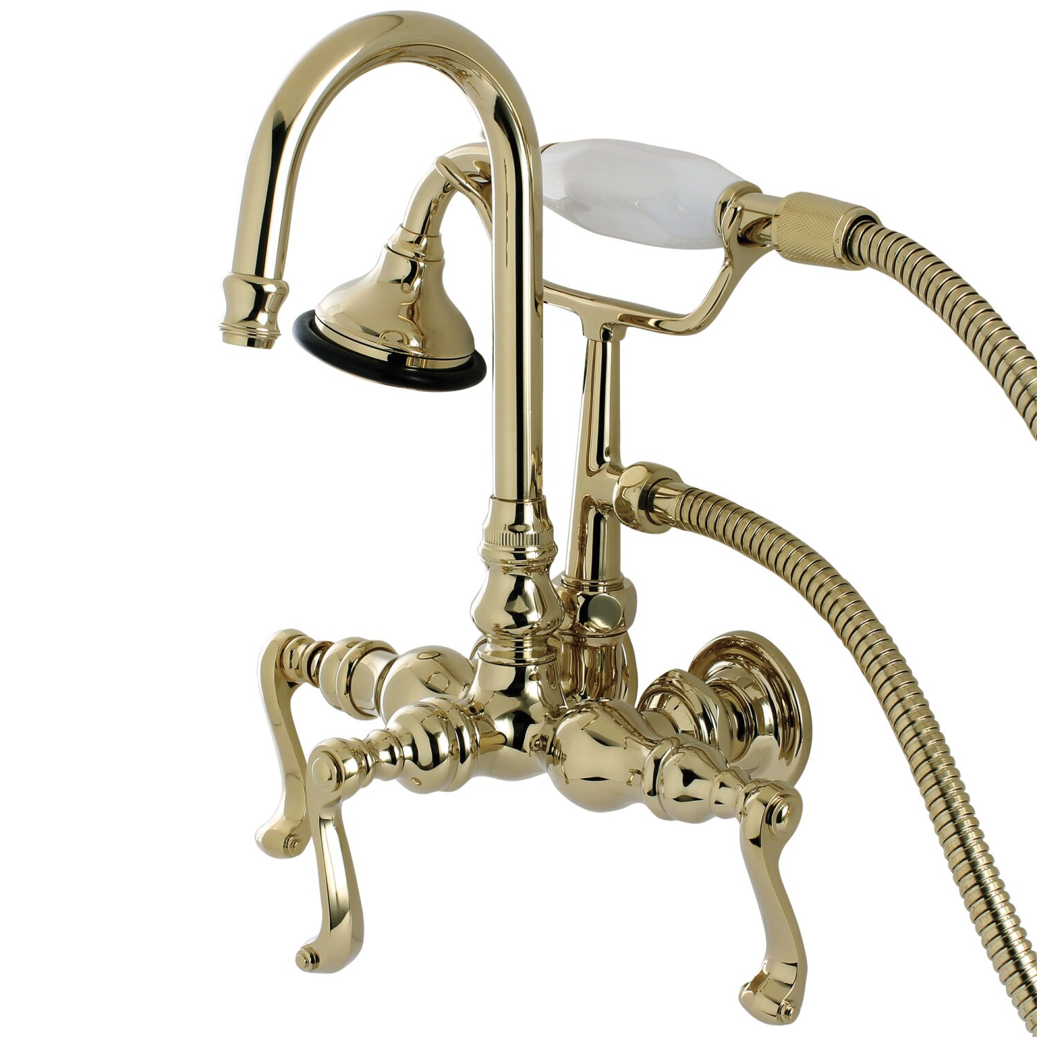 Kingston Brass Royale Polished Brass 3 Handle Wall Mount High Arc Bathtub Faucet With Hand