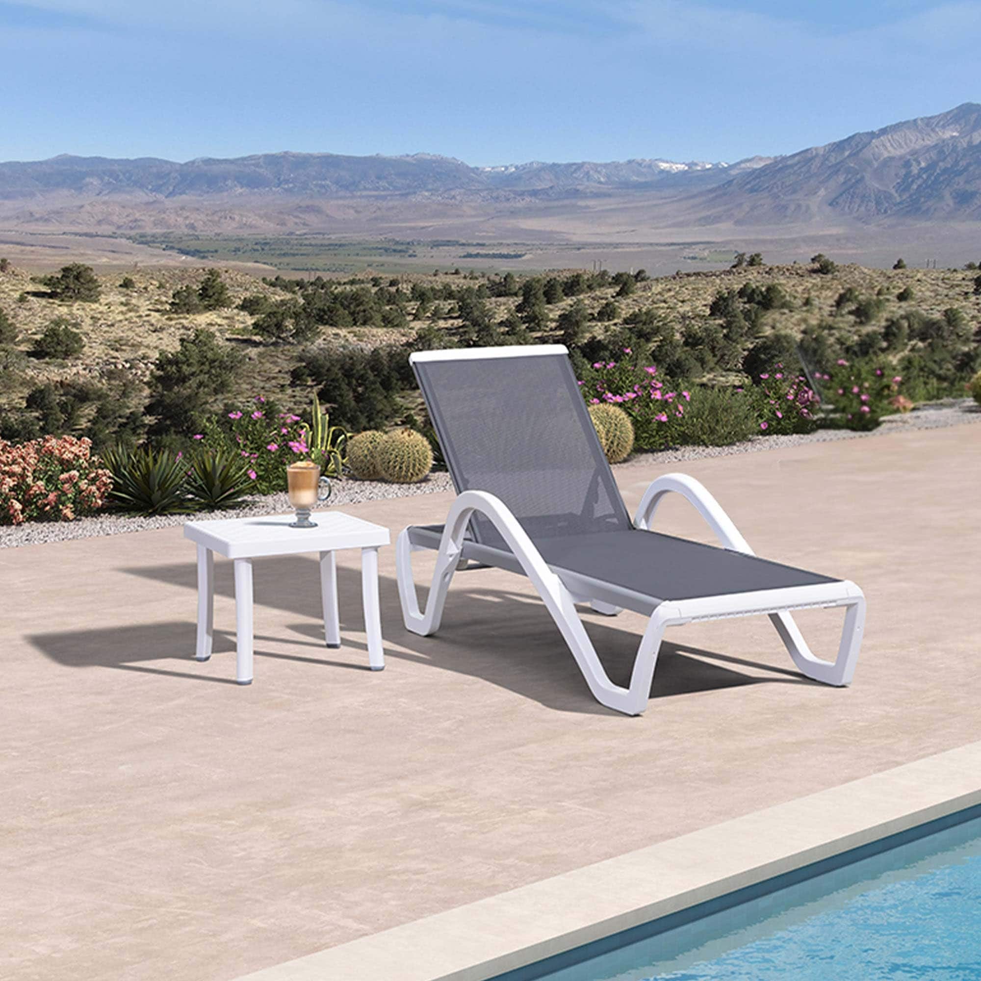 PURPLE LEAF LS04-ARM-AW-GY Outdoor Plastic Textilene Chaise Lounge 1 chair+1 table Aluminum Frame Spring motion Chaise Lounge Chair with Light gray Mesh Seat