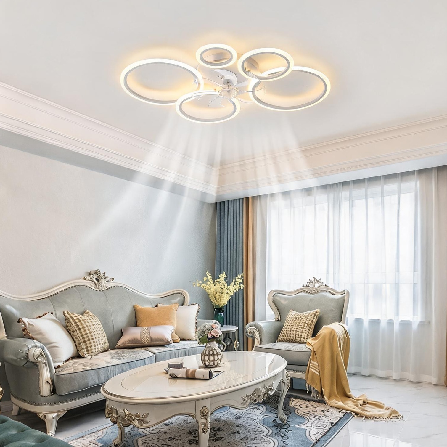 FlowLuxe Ceiling Fan with White Iron+Plastic Remote Operation and Seasonal Airflow DC Motor