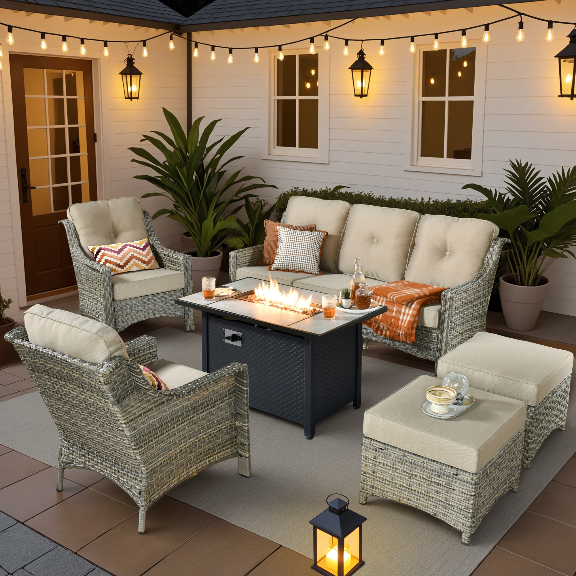 Pouuin SDFPAD606 6 -Piece Wicker Patio Sofa Conversation Set with Off-white Cushions