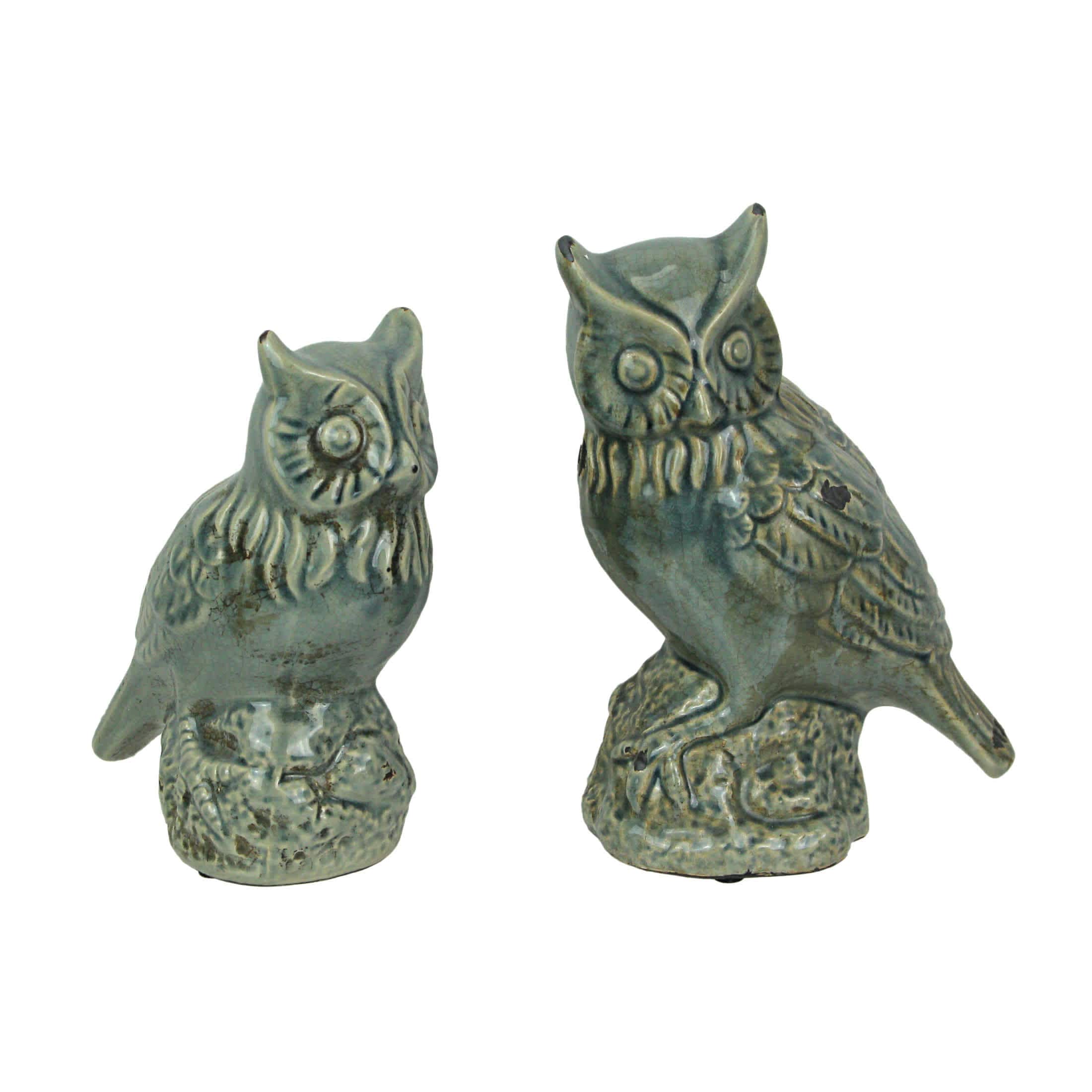 Zeckos CVC-CVDEP149 Grey Crackle Finish Set of 2 Ceramic Owl Statues