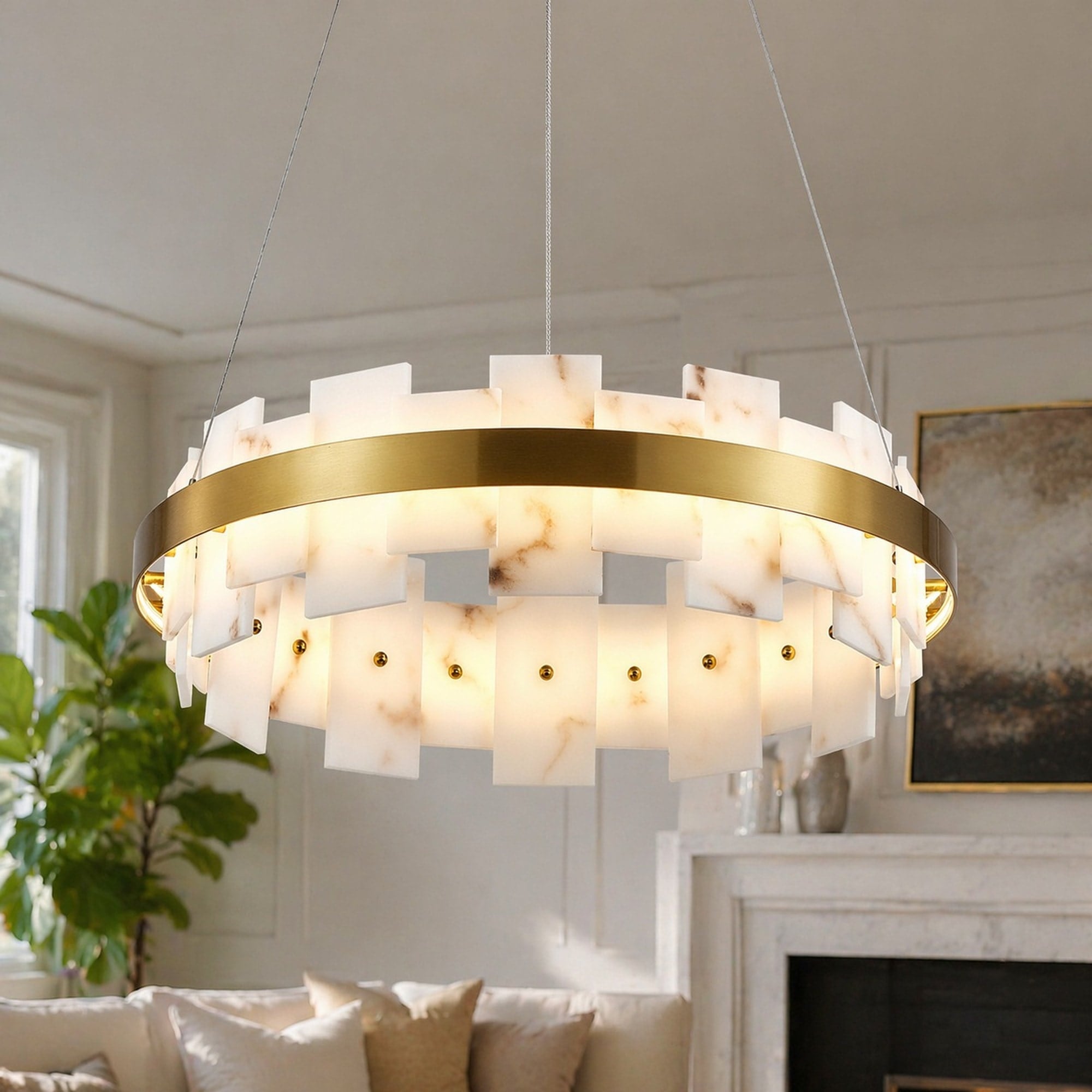 xersbav Luxury Alabaster LED Chandelier Modern 19.69in Round Gold Ceiling Light Fixture for Living Room Dining Room Bedroom Foyer