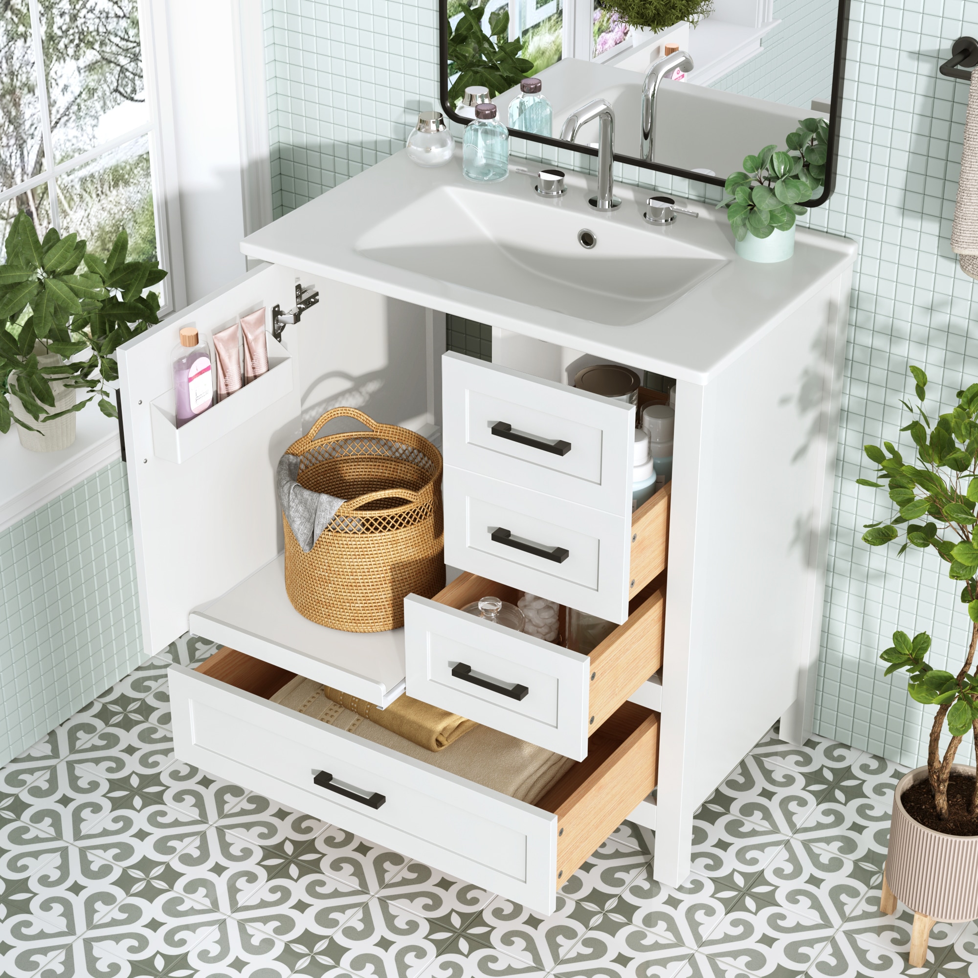 ModernLuxe L3P-N729P177787K 30inch White Bathroom Vanity with Sink Combination Set Bathroom Storage Cabinet with Soft Close Door 3 Soft Close Drawers and Removable Tray Solid Wood Frame