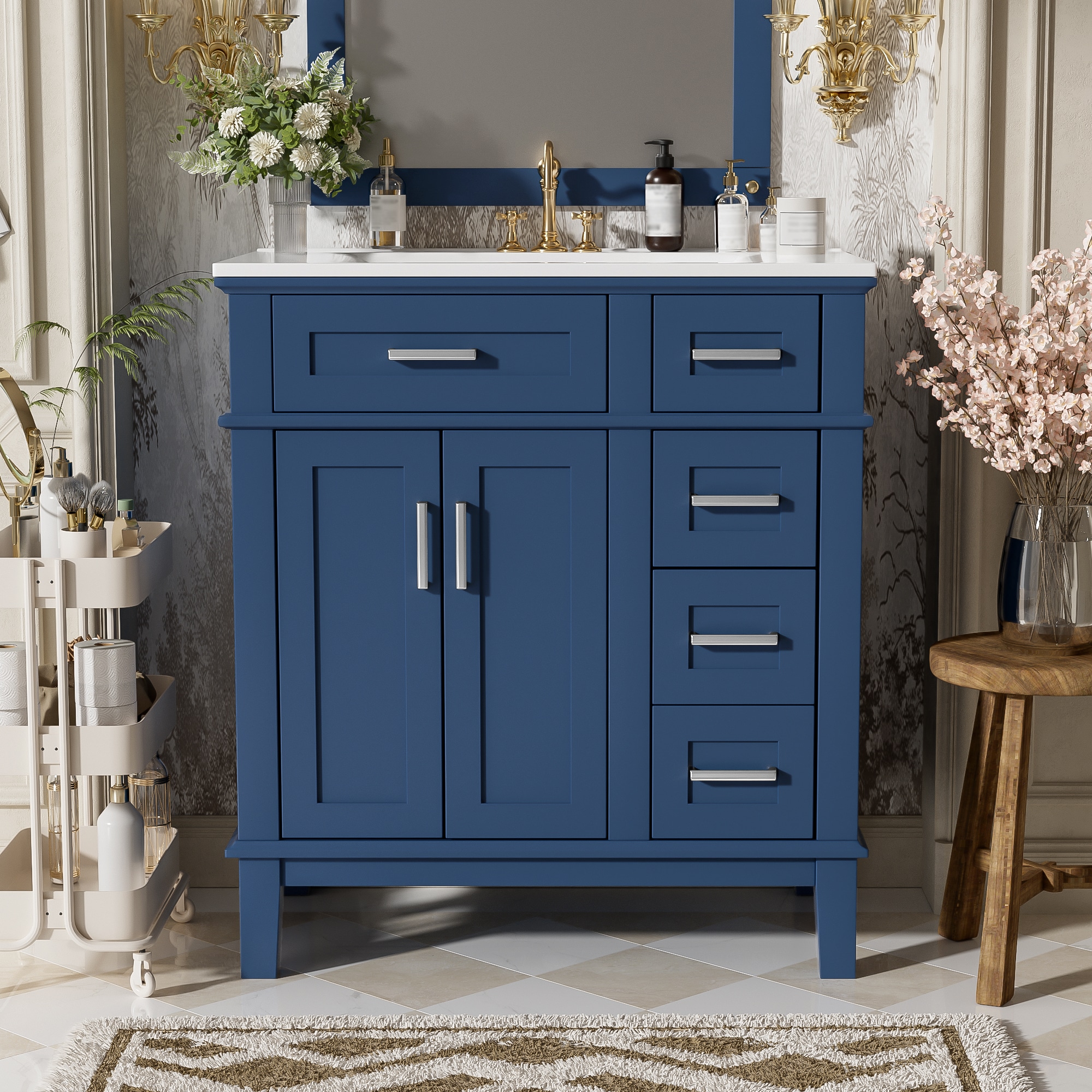 GDFStudio Lioren 30 in. Modern Bathroom Vanity with Ceramic Sink and Open Back Design with Soft Close Storages - Zinc Alloy Handles and Blue