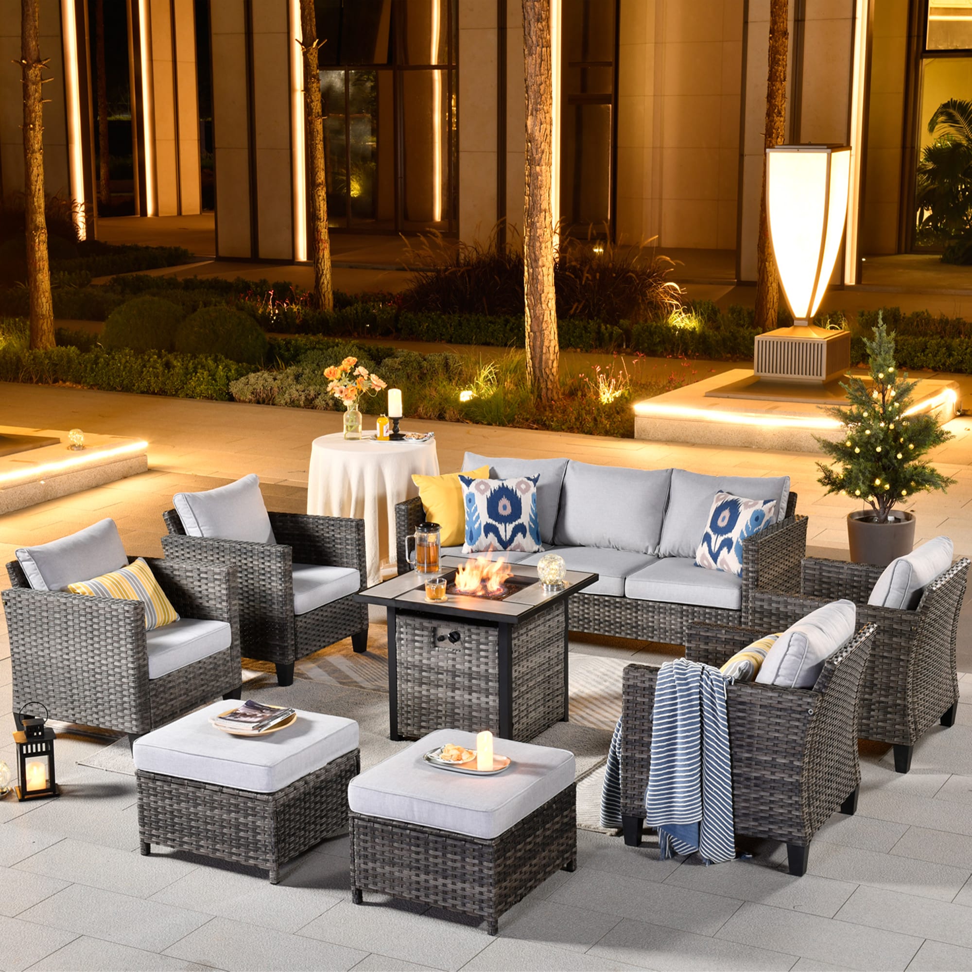 Tk classics laguna wicker 8 piece patio conversation set with fire pit table and discount 2 sets of cushion covers