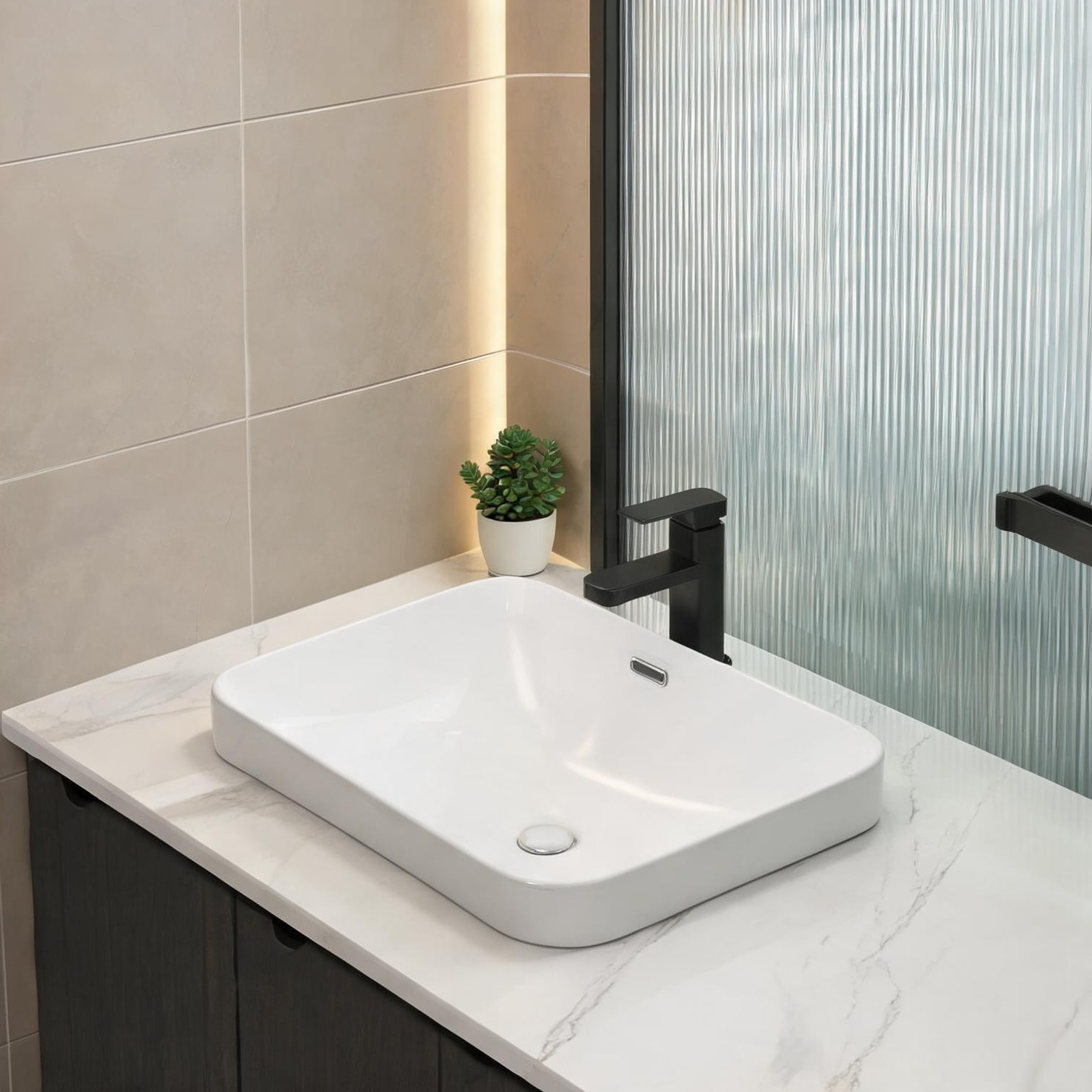 Watnature - Rectangular Undermount Ceramic Bathroom Sink White-Toned Seamless Vanity Basin 22-Inc...