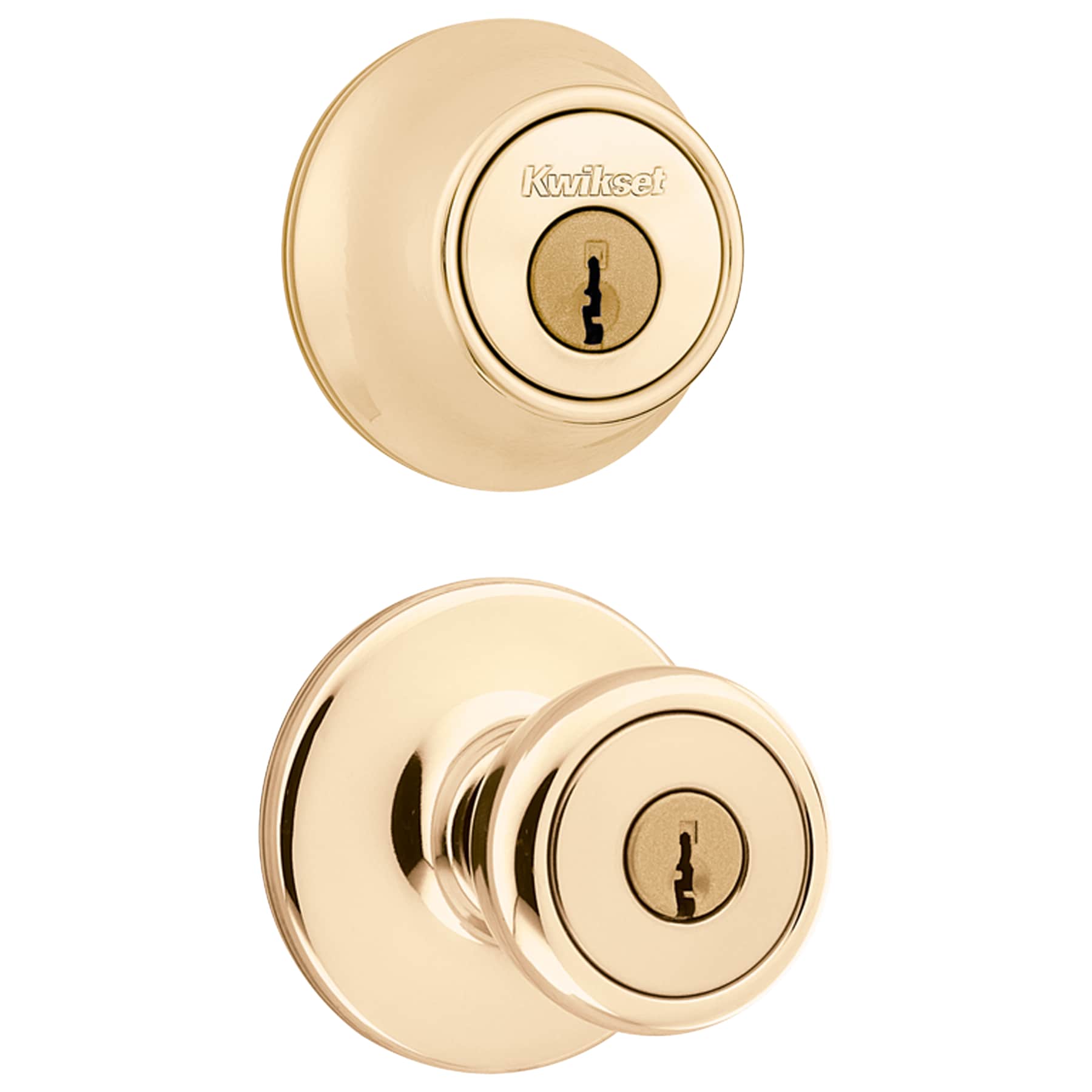 Kwikset Series Tylo Polished Brass Exterior Single-cylinder deadbolt Keyed Entry  Door Knob Combo Pack with Antimicrobial Technology in the Door Knobs  department at