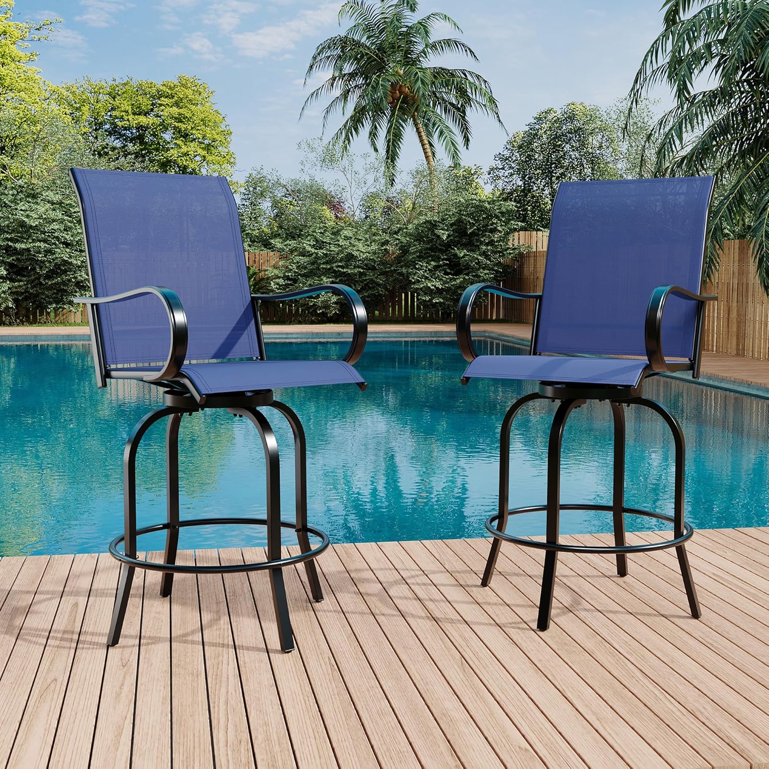 Qeetex LHF-HW-PPG-334N7NQS 2 PCS Outdoor Swivel Bar Stools Set All Weather High Back and Armrest Patio Chairs for Deck Patio High Swivel Bar Stools - Blue
