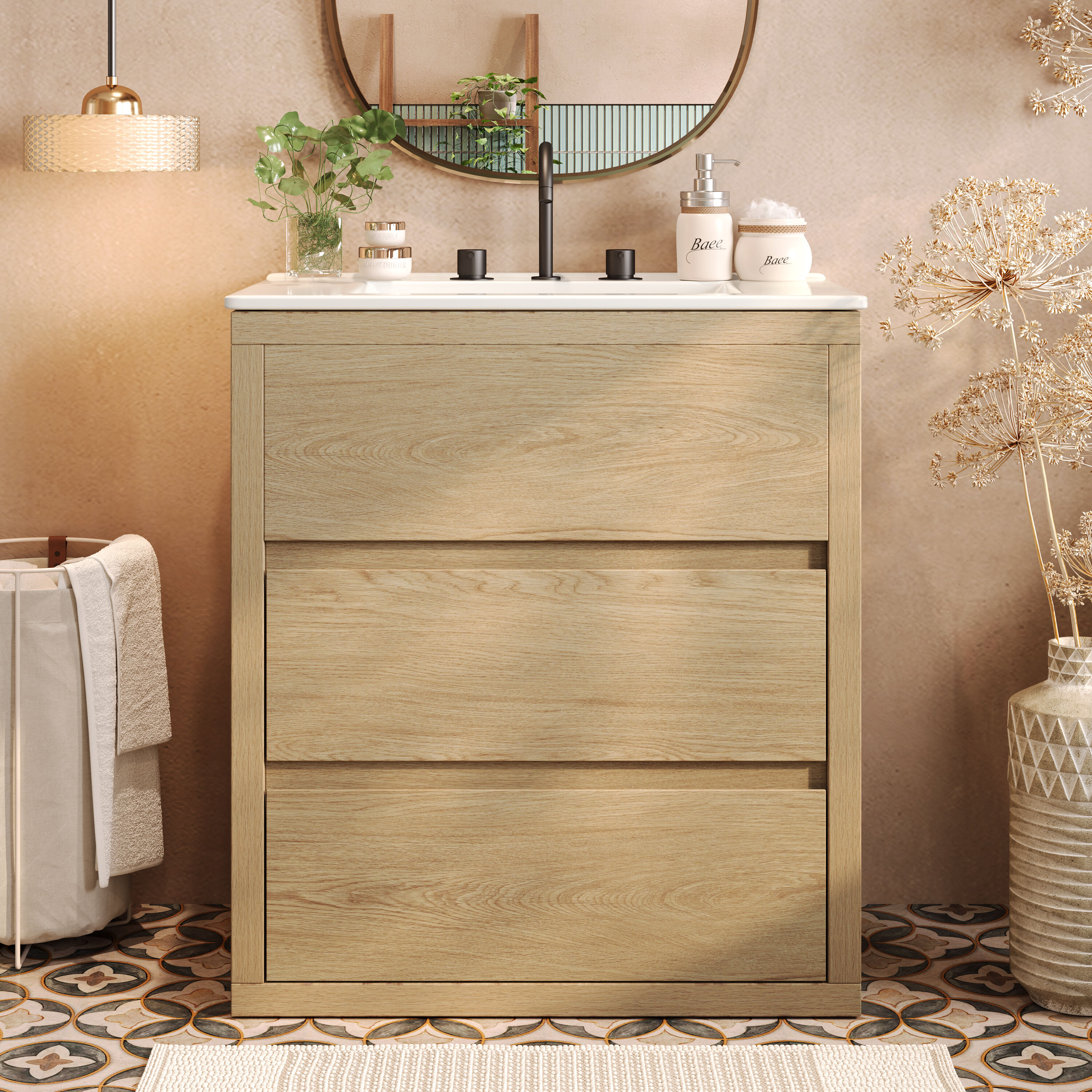 WELLFOR EXMC-2026L3 ECHO Free-Handle Bathroom Vanity 30-in Natural Single Sink Bathroom Vanity with White Ceramic Top