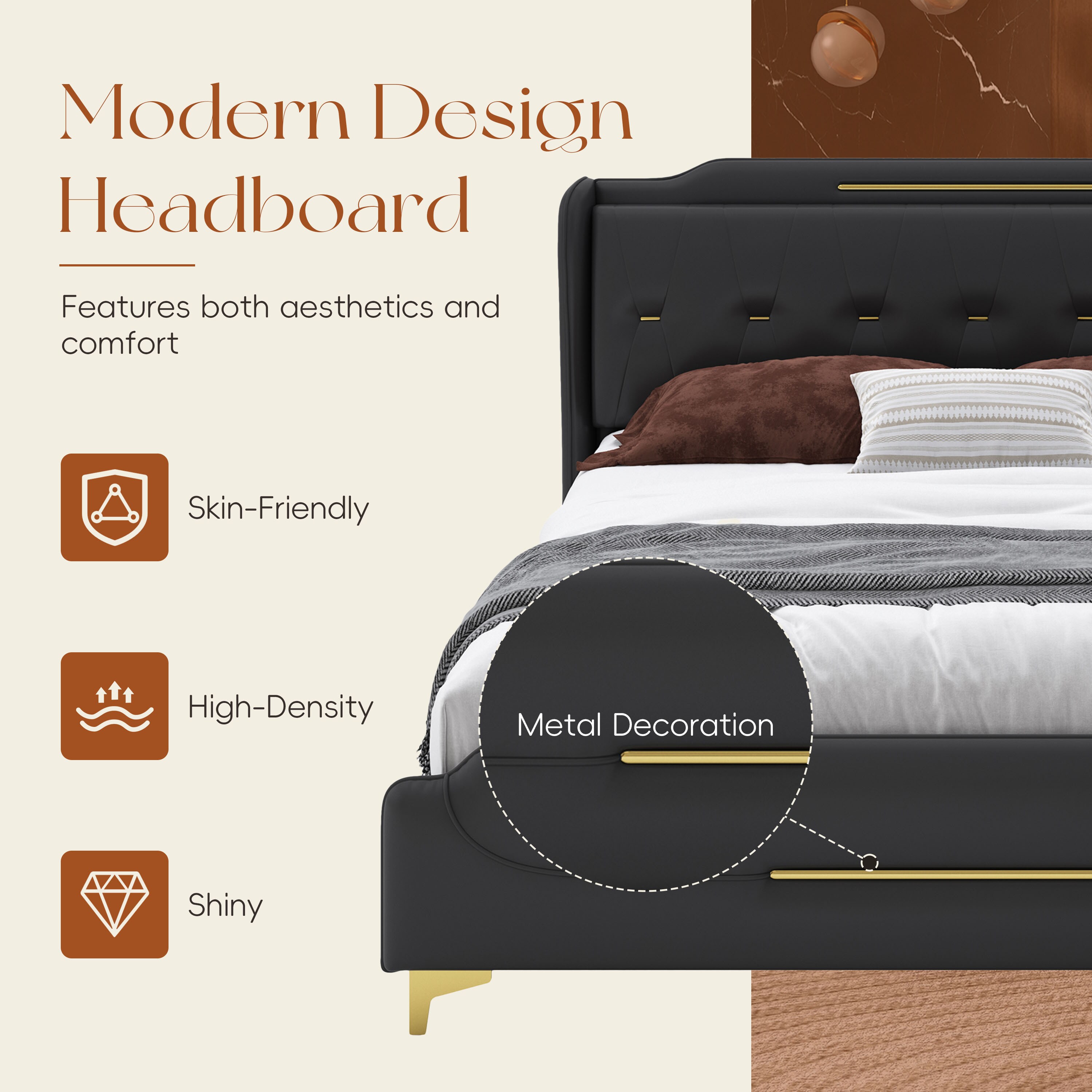 Black Faux Leather Queen Bed with Wingback Headboard and Gold Accents