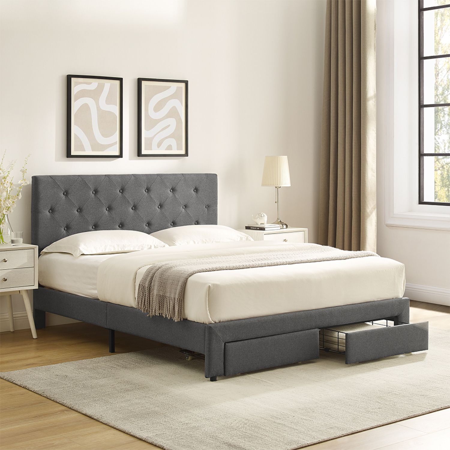 JASMODER Grey Queen Composite Platform Bed with Storage in the Beds ...