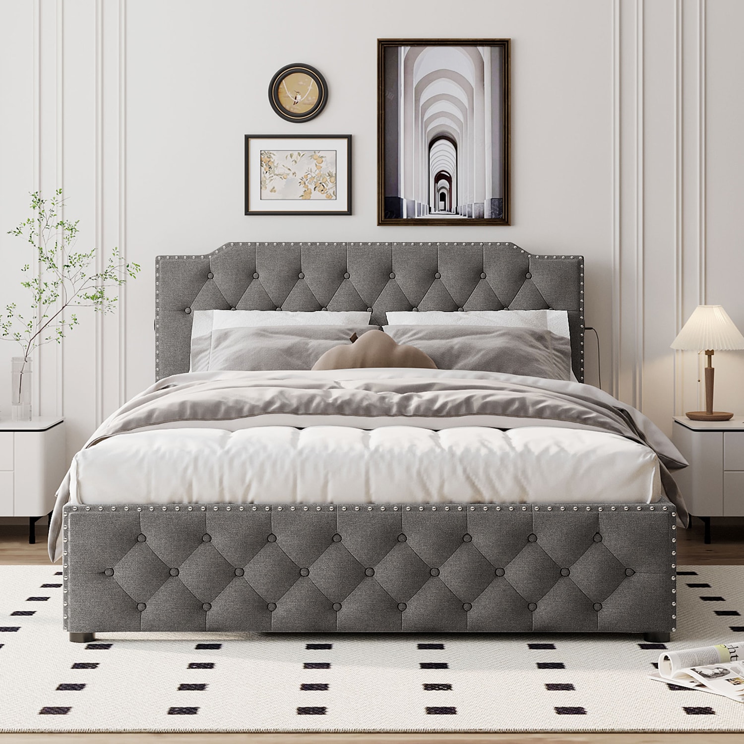 GZMR ORQHC-917-LC Queen Gray Tufted Trundle Bed with Headboard