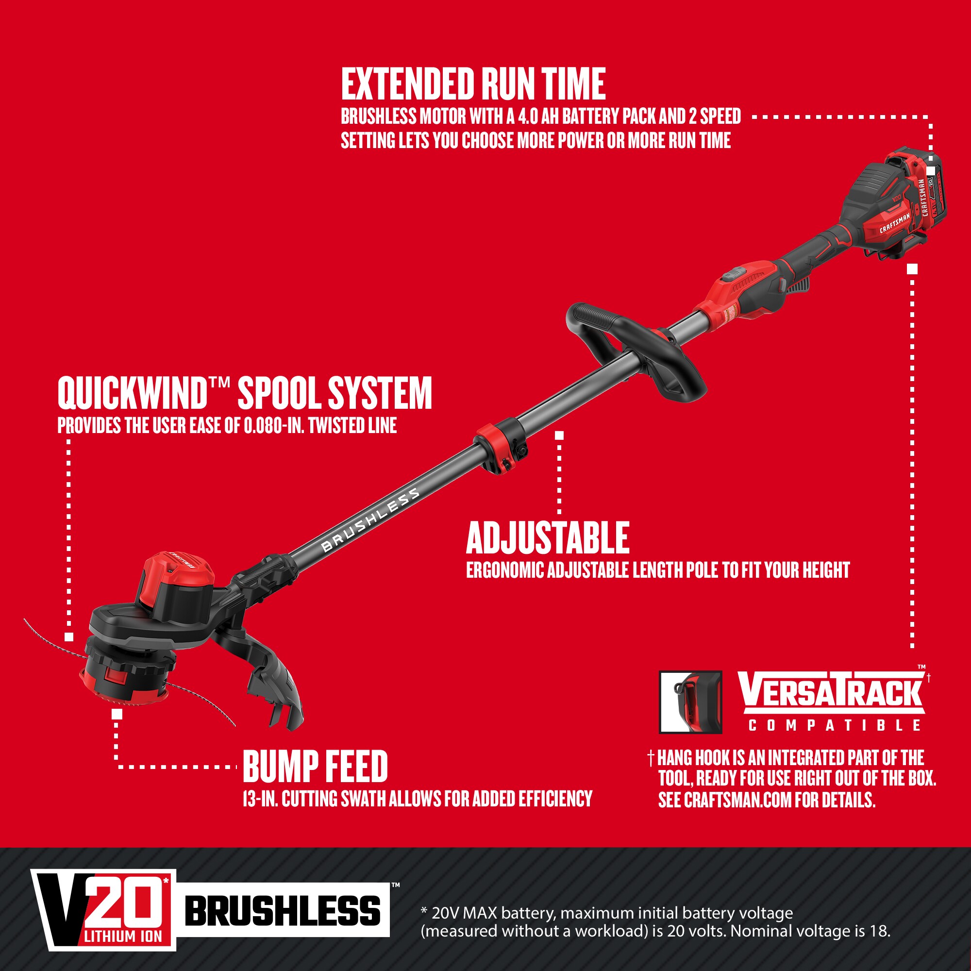 CRAFTSMAN V20 20-volt Max 13-in Straight Shaft Battery String Trimmer 4 ...