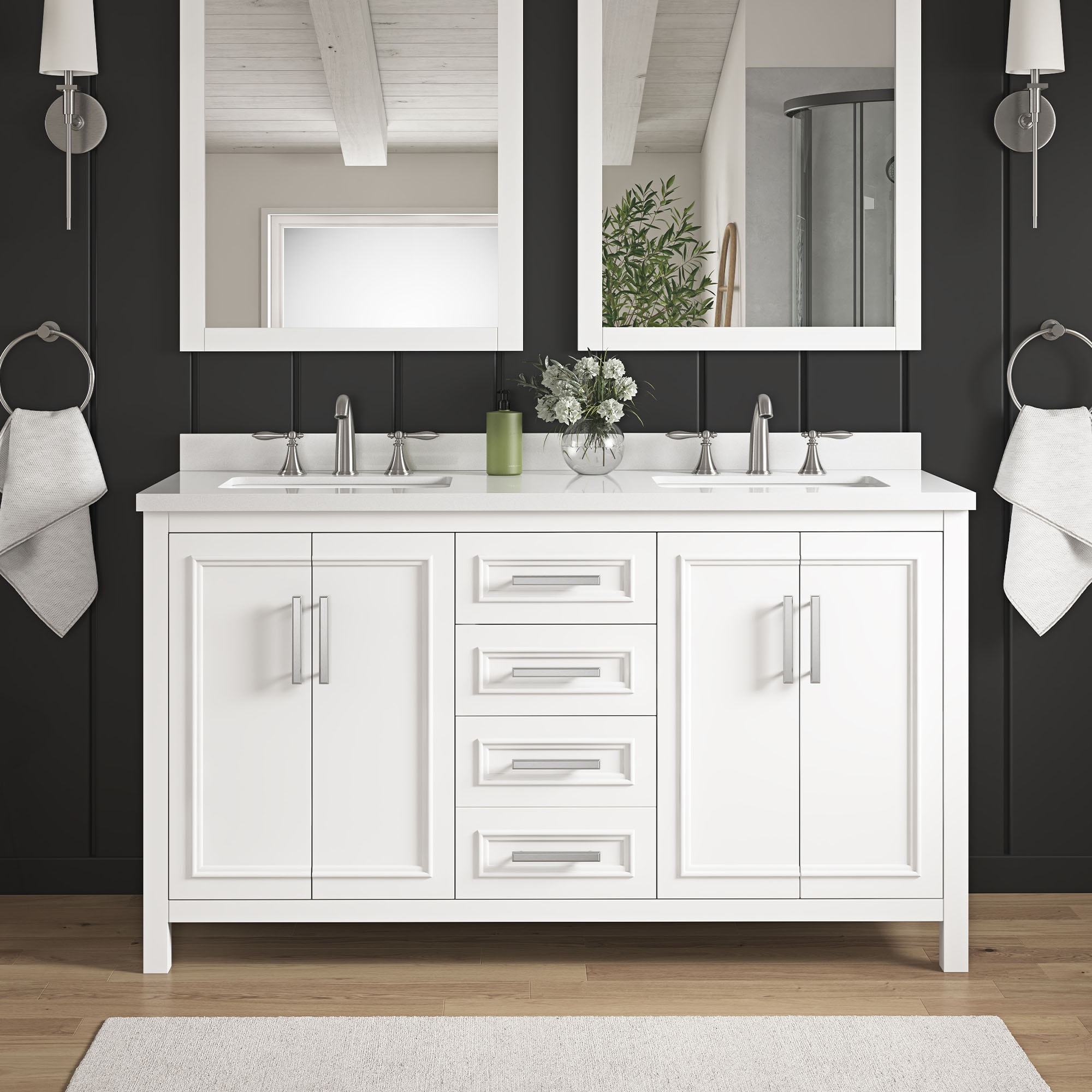 Nyall 60-in Pure White Undermount Double Sink Bathroom Vanity with White Quartz Top | - OVE Decors 15VVA-NYAL60-007