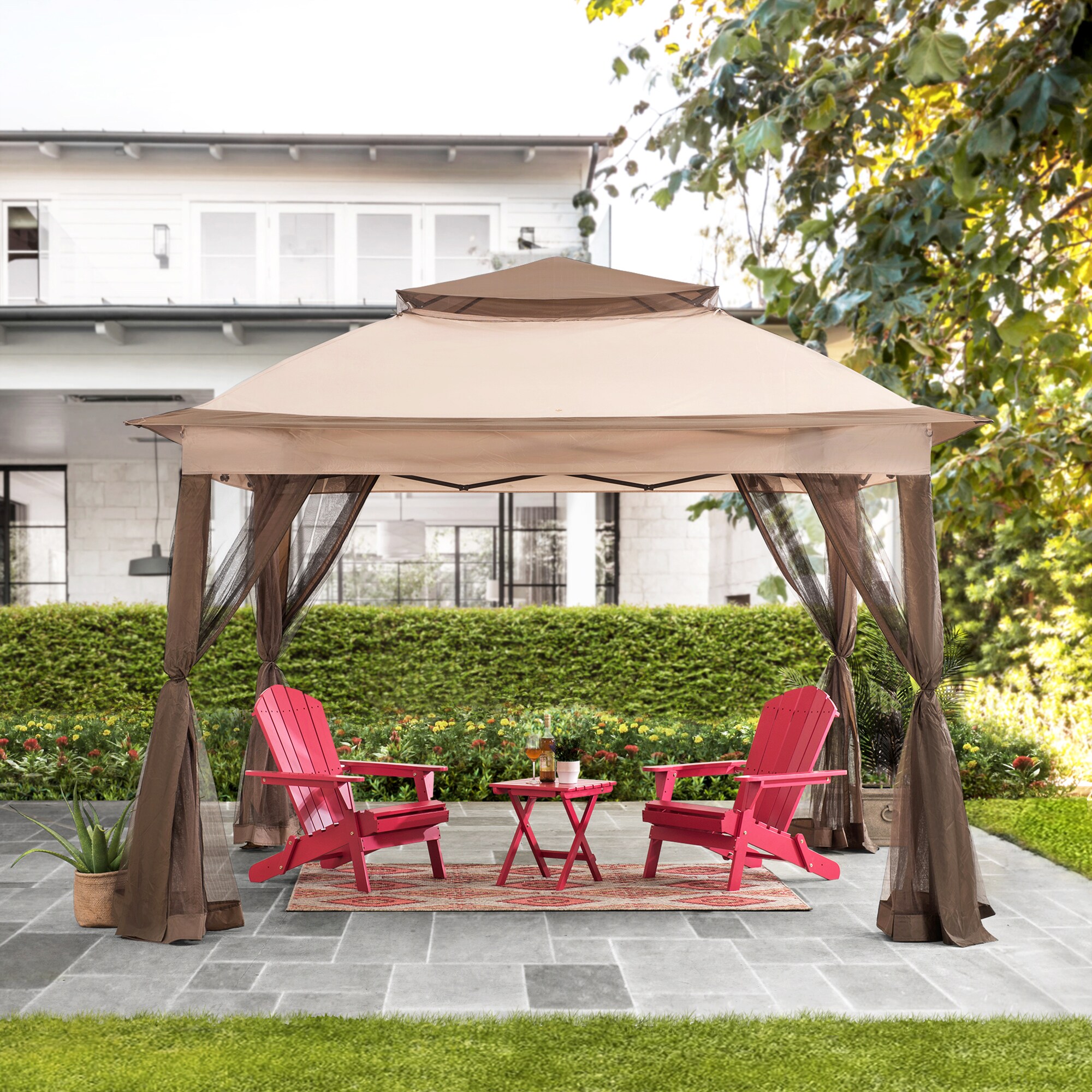 Sunjoy 11-ft x 11-ft Tan Metal Square Screened Pop-up Gazebo in the ...