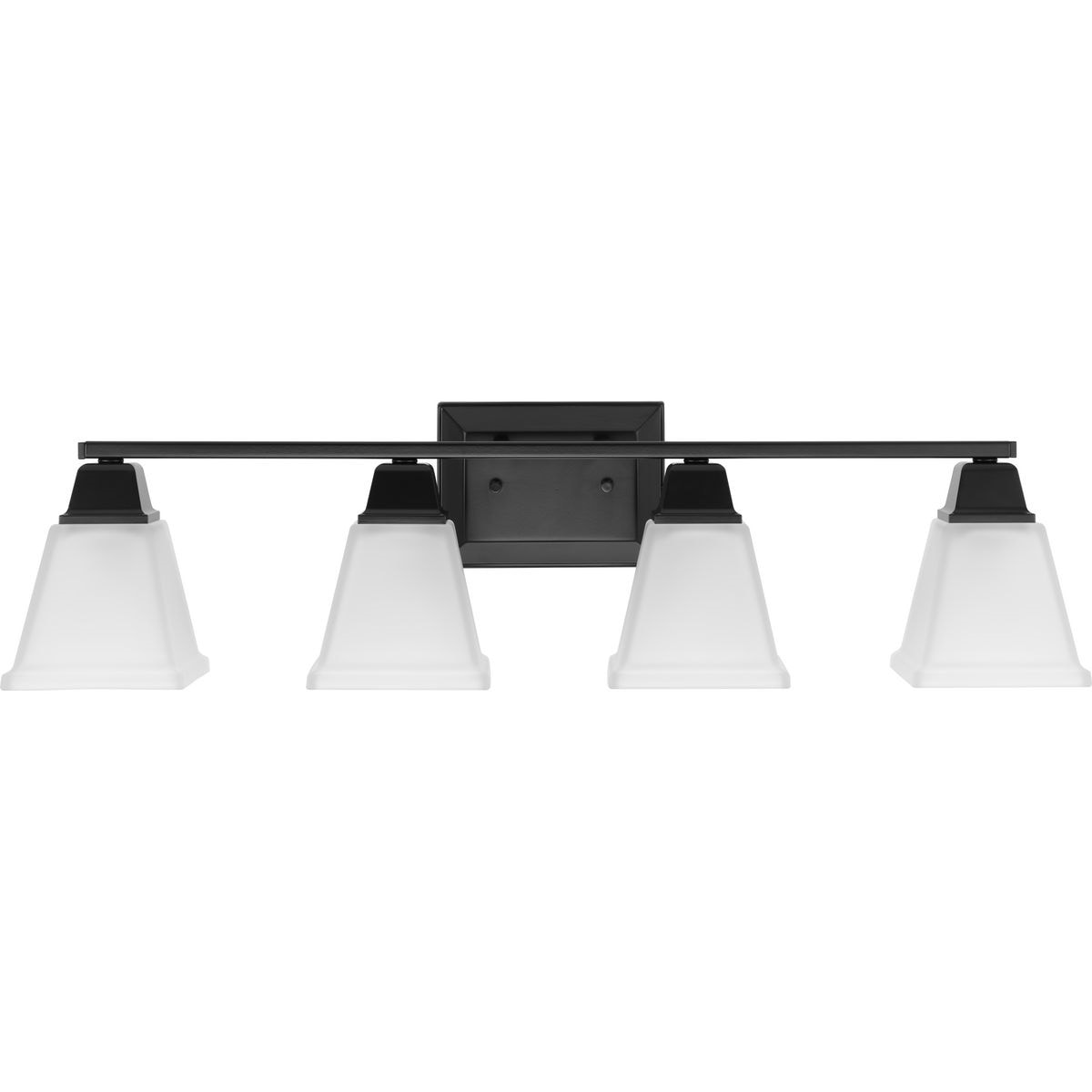 Matte Black Four-Light Bath Vanity Fixture with Etched Glass Shades