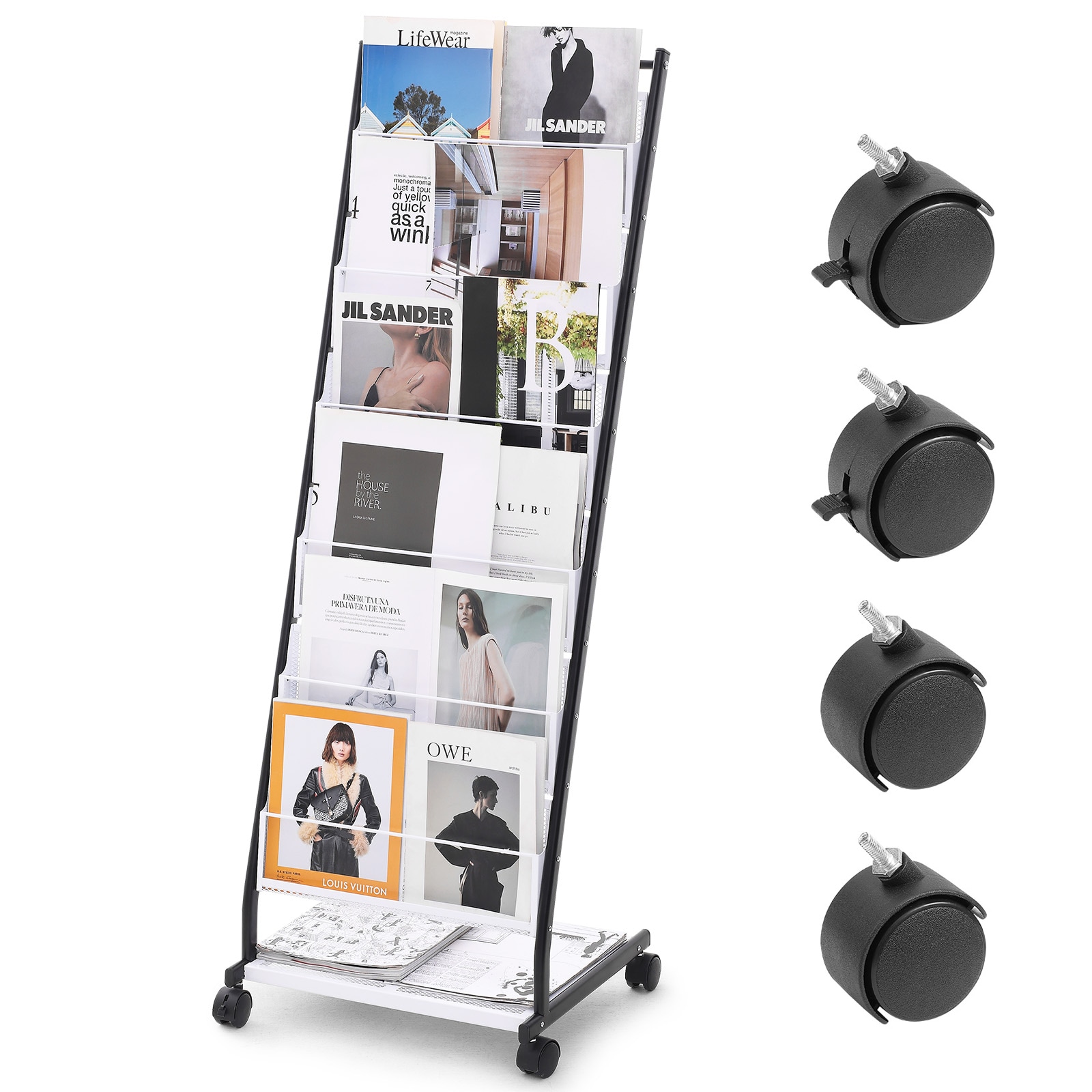 VEVOR SCWJZS20LDSJ05523V0 Brochure Display Rack  6 Tier Magazine Literature Display Stand  Floor Standing Magazine Rack Newspaper Catalog Holders  Movable with 4 Wheels (2 Lockable) for Shop Exhibitions Office  6 Pockets