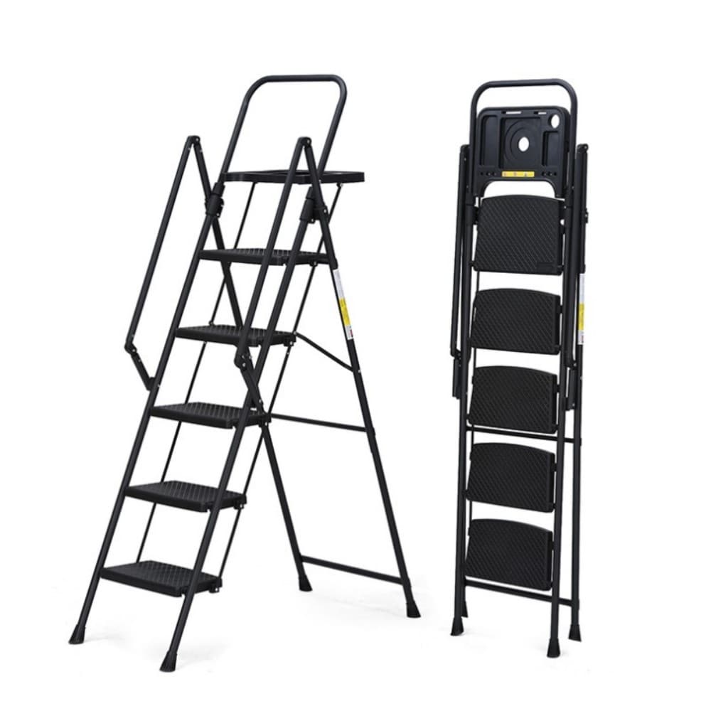 Tinyhomie 5-step ladder foldable step stool with tool tray and wide non slip pedals sturdy steel ladder convenient handrails lightweight portable steel step stool #LW-L-W2717603