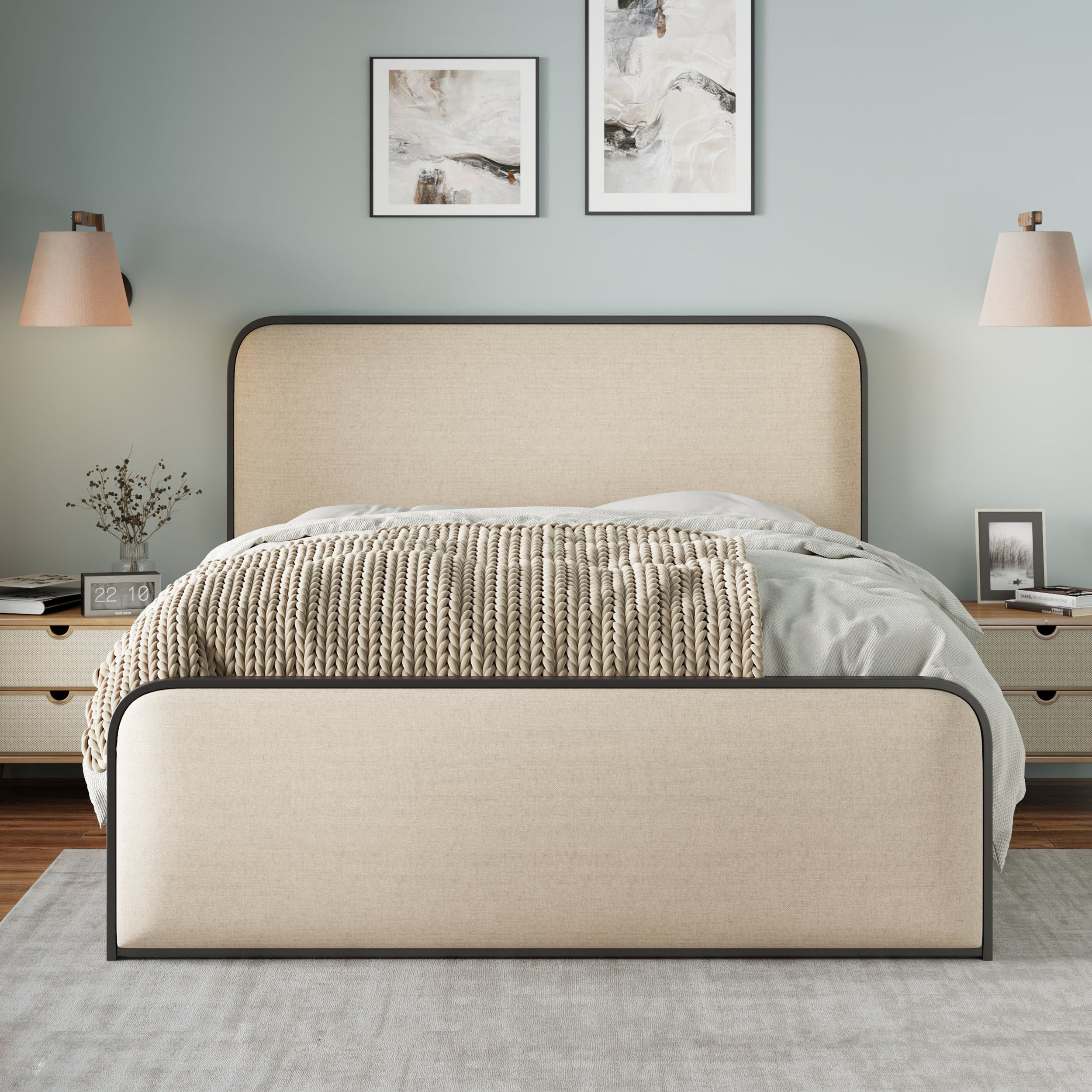 JIMSMAISON JMBBFB16BEG Beige Queen Metal Platform Bed