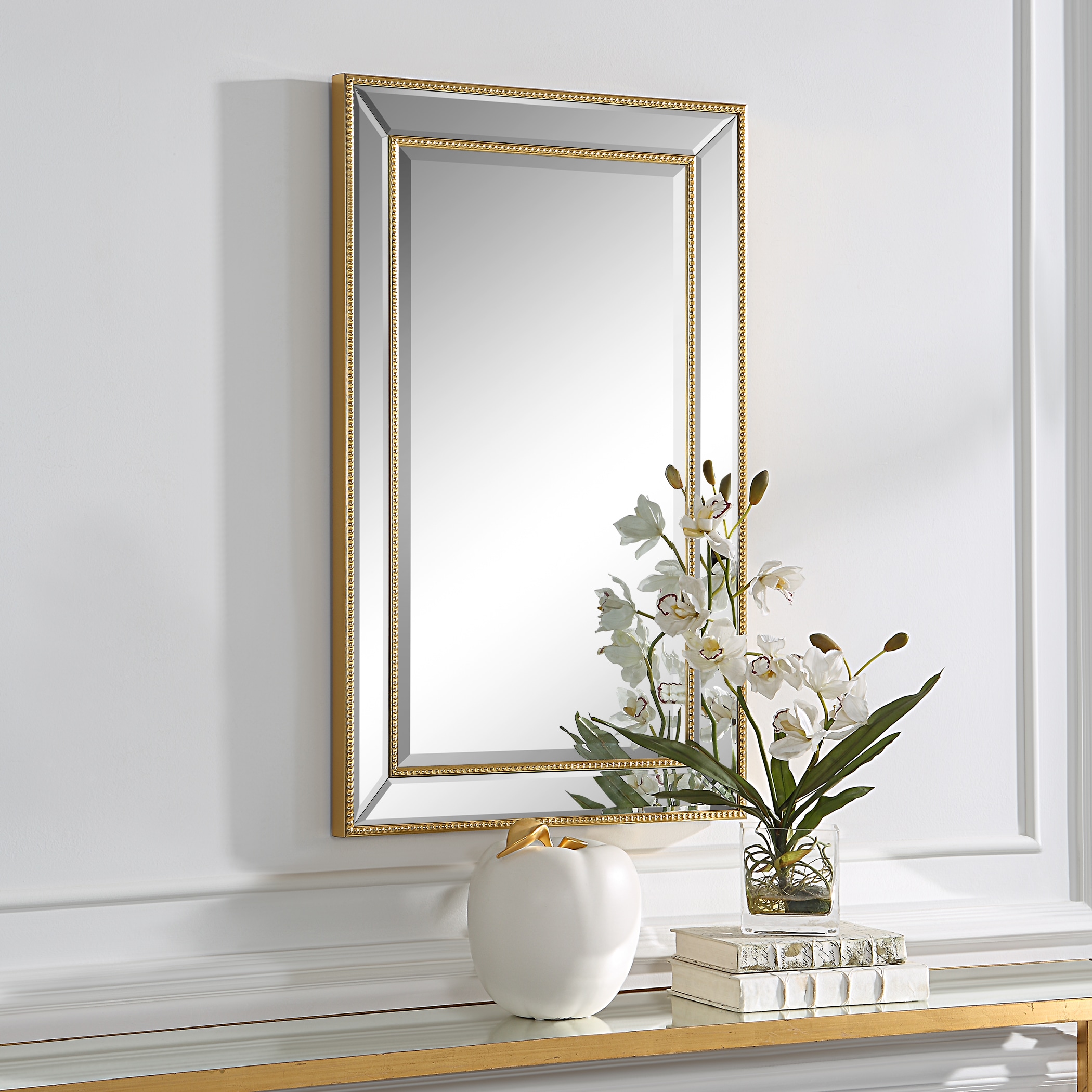 Elegant Gold Beaded Silver Wood Framed Vanity Mirror