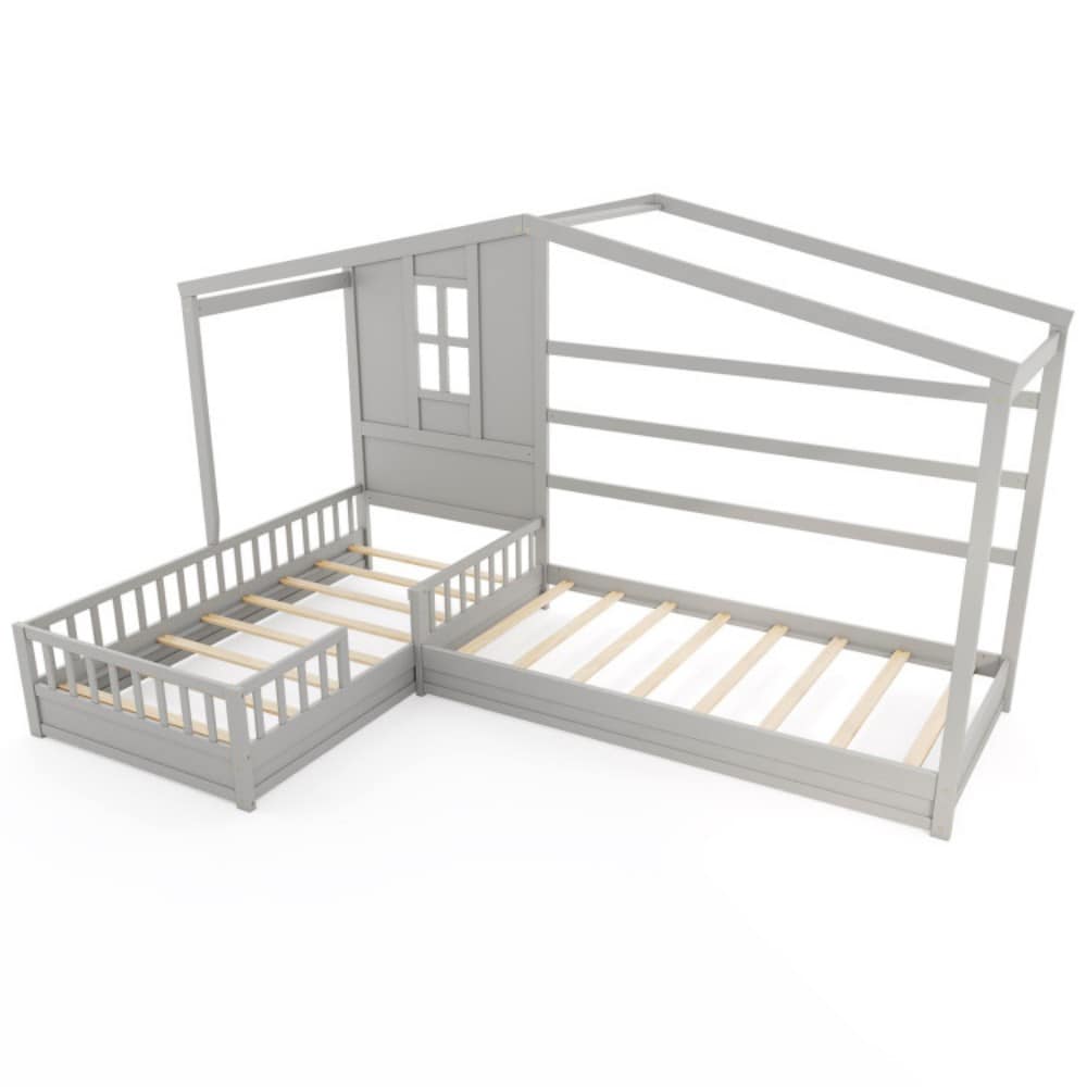 Fenbeli L Shaped Double Twin Beds House Platform Beds with Fences Corner Bed Frame