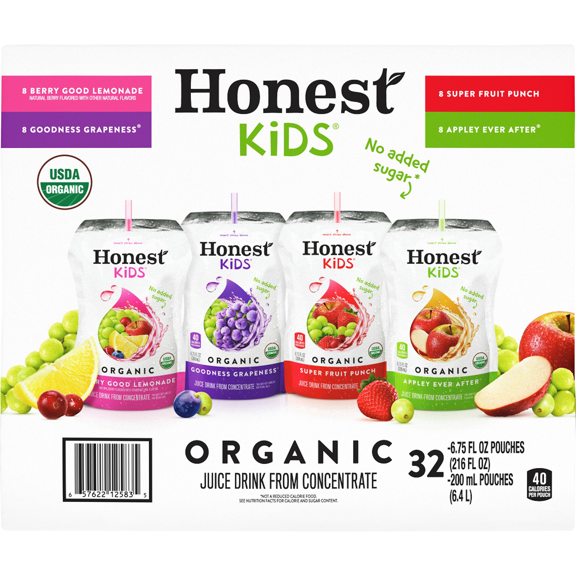 Honest Kids Juice Pouches 32-Pack Decaffeinated Fruit Single-Serve Tea ...