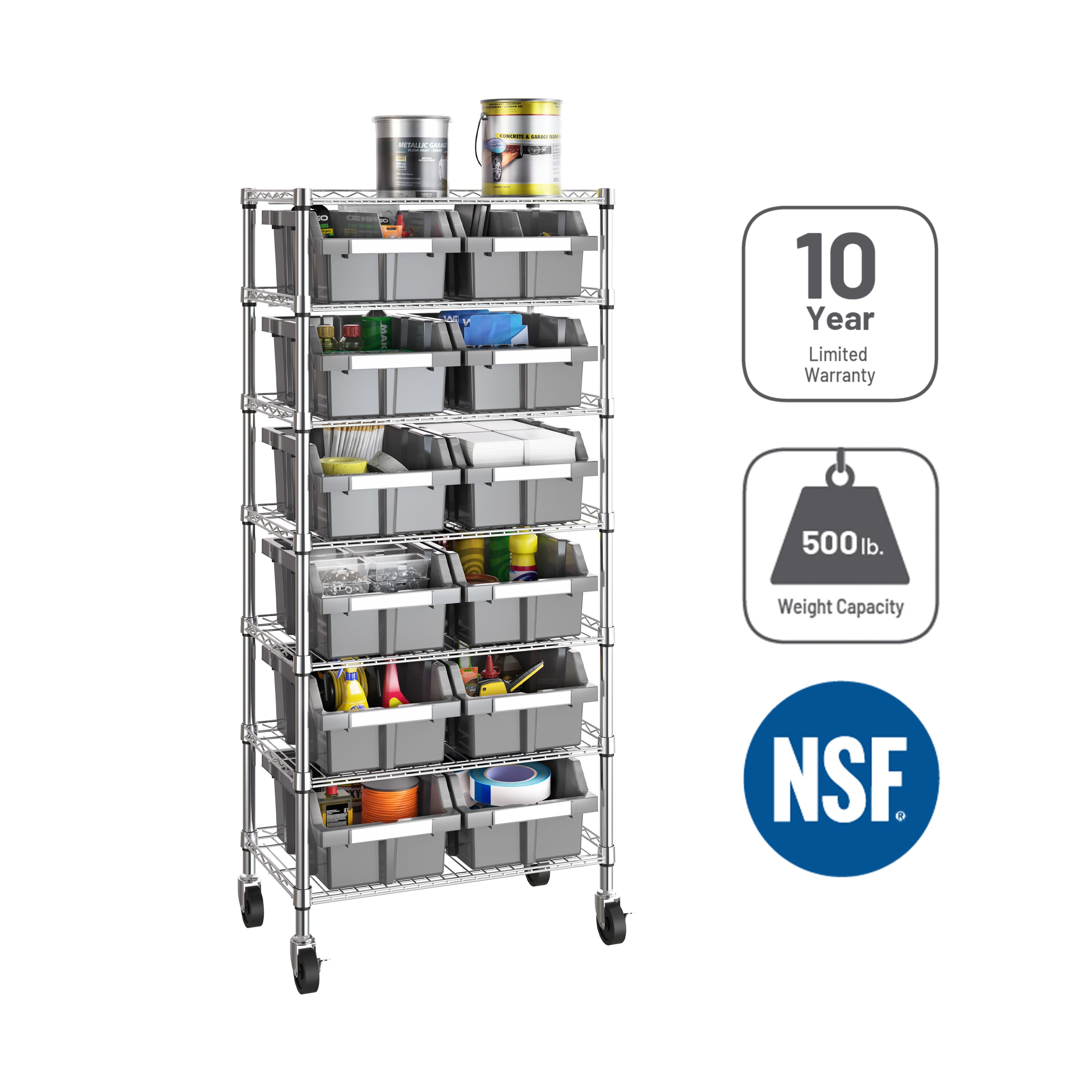 Seville Classics WEB727 Steel 7 -Tier Storage bin rack ( 24-in W x 14.25-in D x 56-in H ) ( Gray , ( 71.43-lb lbs. Capacity Per Shelf )