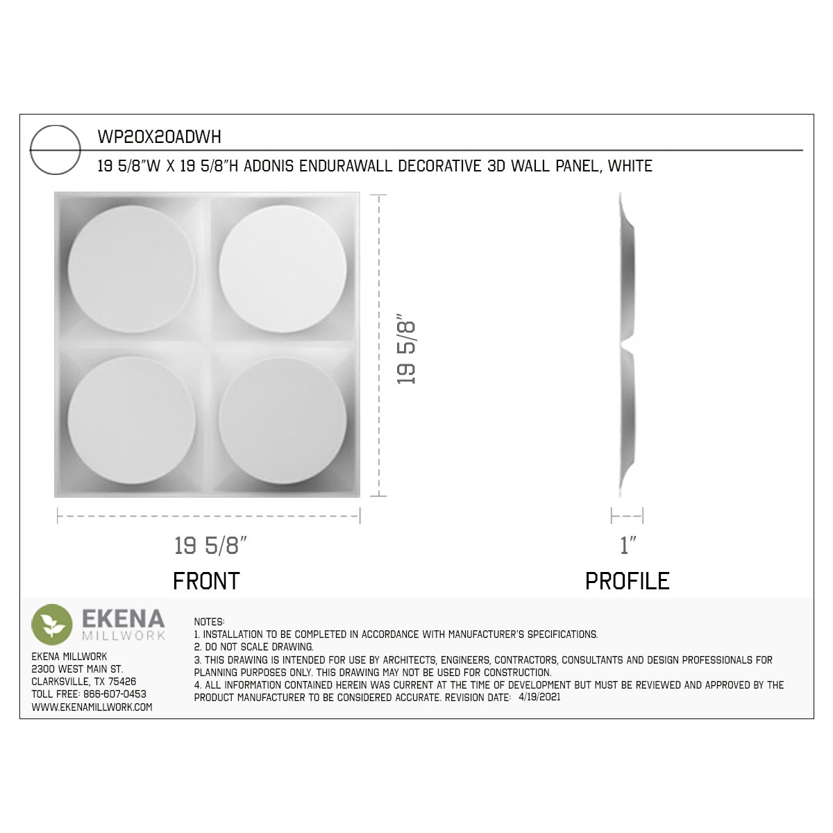 Ekena Millwork WP20X20ADWH Wall-Panels - View #2