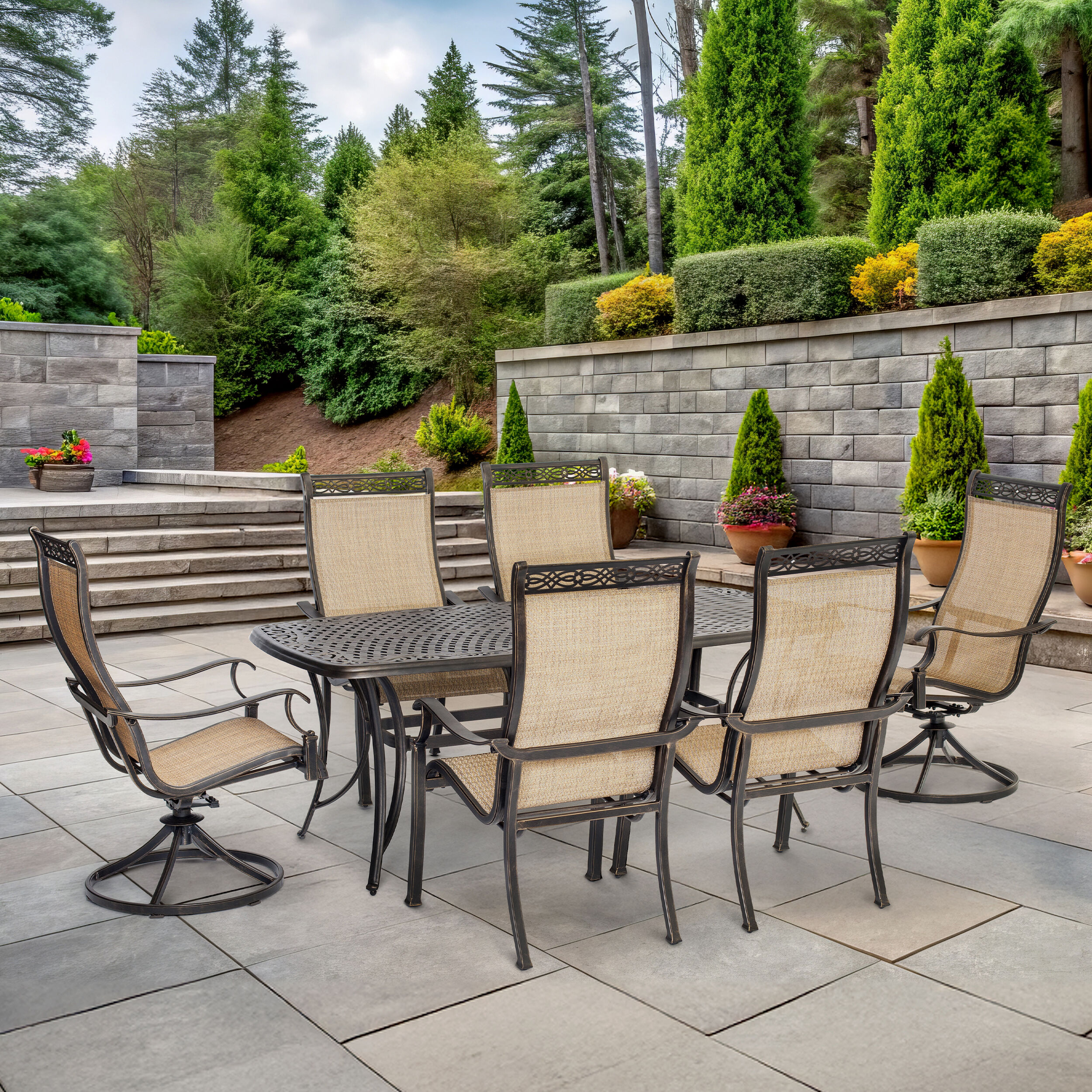 Hanover MANDN7PCSW-2 Manor 7 -Piece Bronze Patio Dining Set Aluminum Rectangle Table with 6 Tan Stationary and Motion Chairs