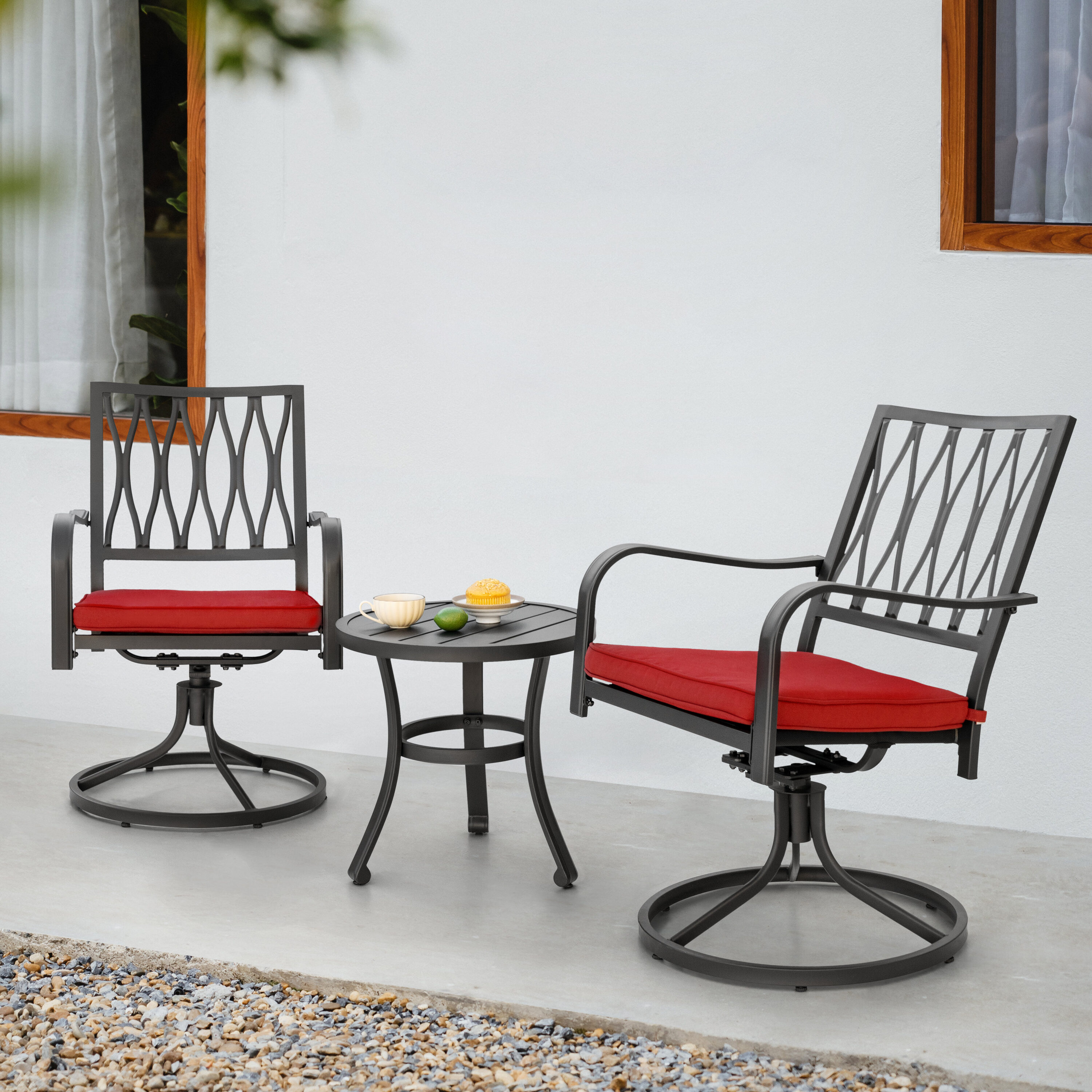 Nuu Garden SID004-01 Patio Bistro Set 5 -Piece Black Bistro Patio Dining Set Iron Round Table with 2 Red Cushions Swivel Chairs