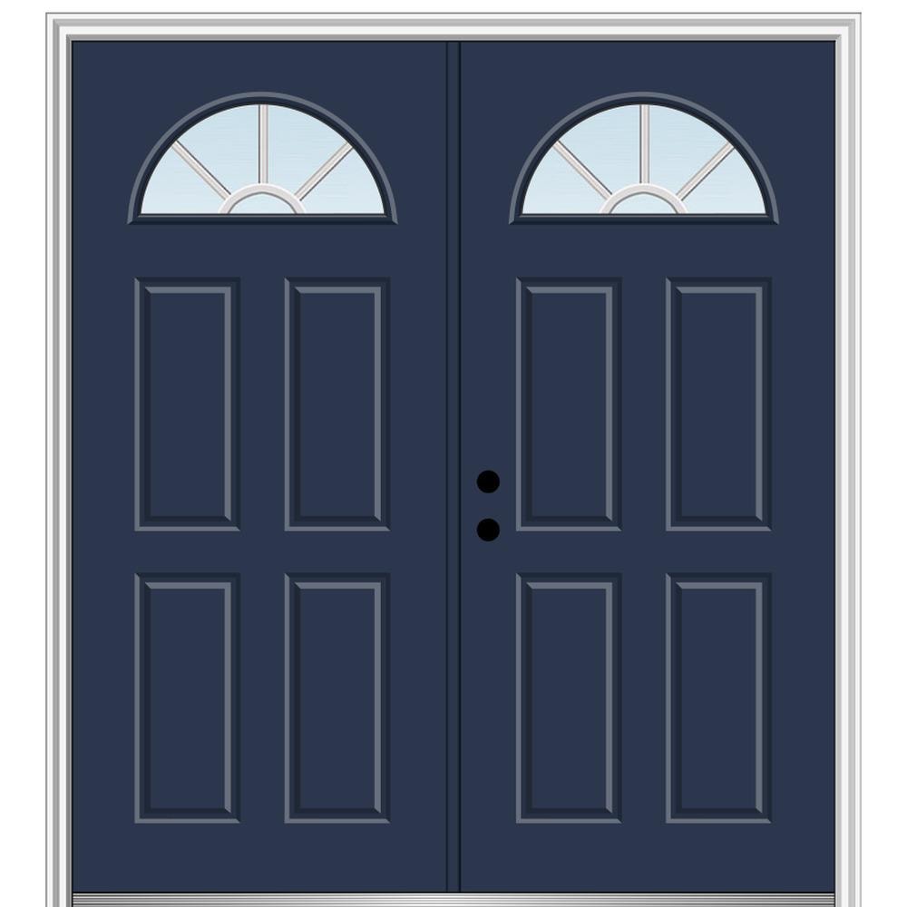 MMI DOOR ZZ11540R 60-in x 80-in x 4-9/16-in Fiberglass 1/4 lite Right-hand inswing Naval Painted Prehung Double Front Door with Brickmould Insulating core with Grilles