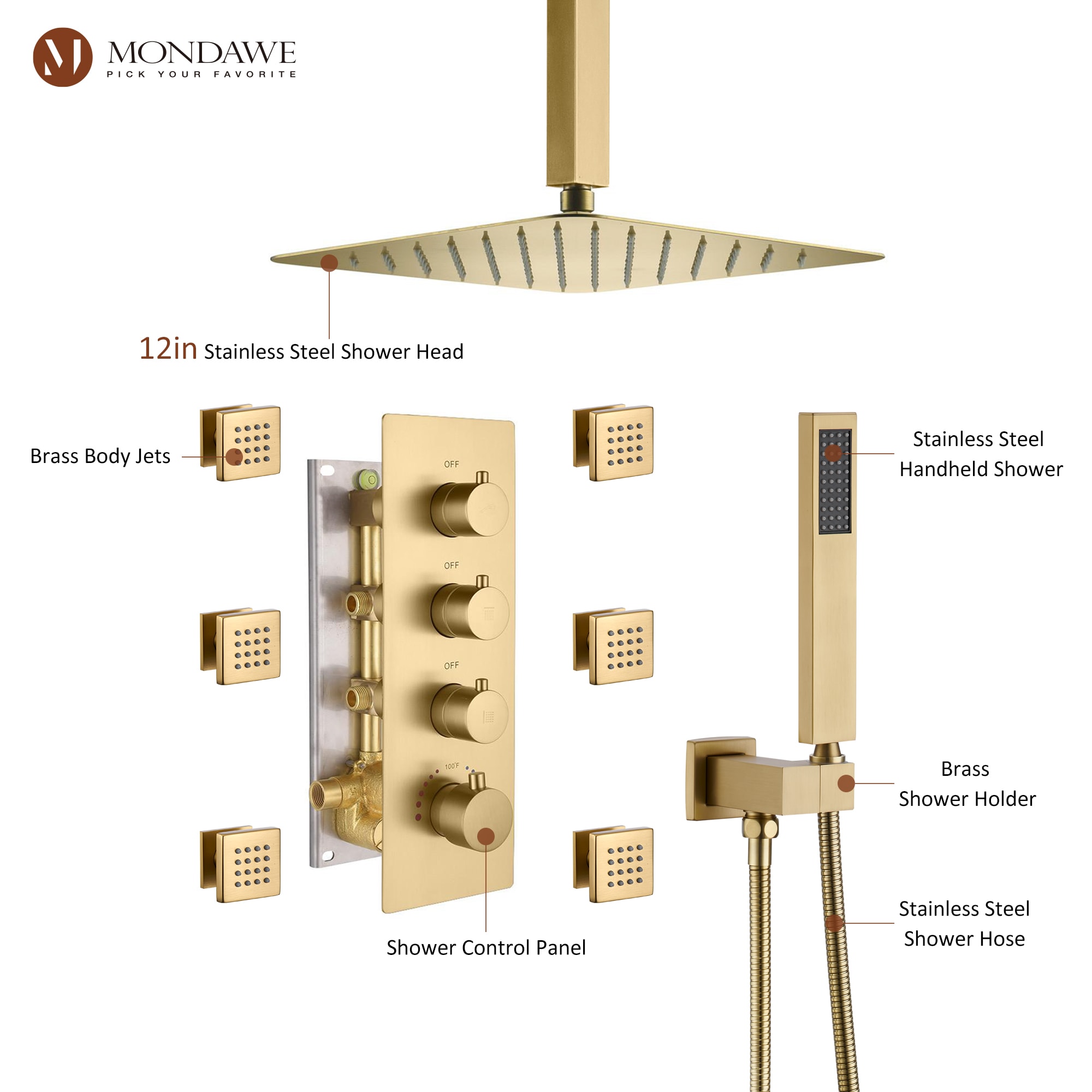 Brushed Gold 12" Stainless Steel Ceiling Mounted Shower System with 6 Body Jets