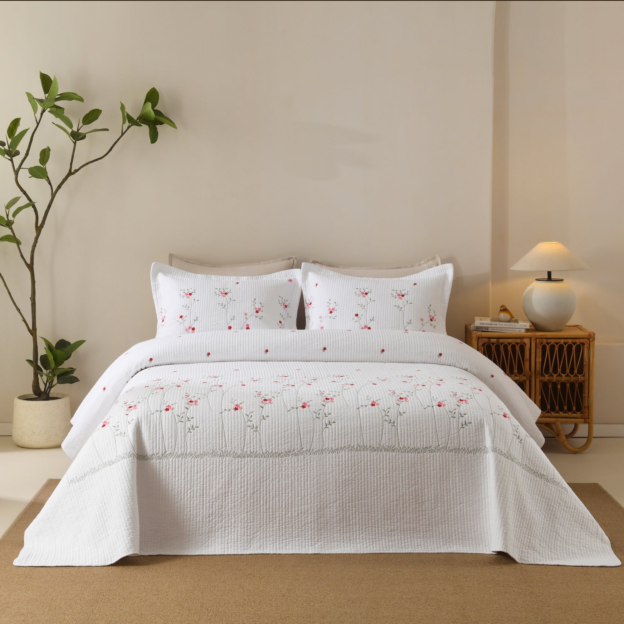 MarCielo 3 Piece Cotton Cover Floral Embroidered Cottage Quilt Bedspread Set ME513