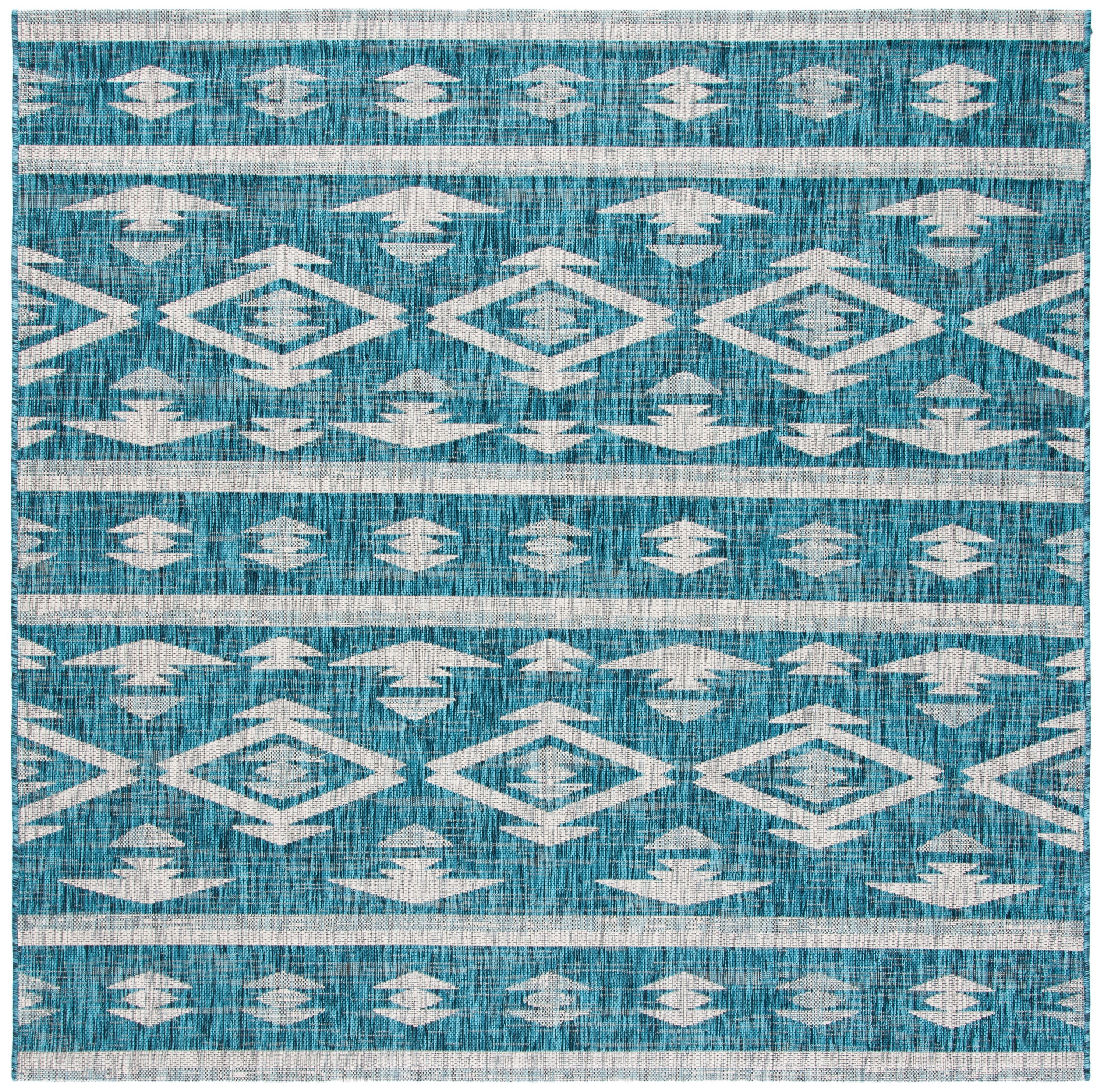 Square Easy-Care Teal & Grey Synthetic Outdoor Rug - 6'7"
