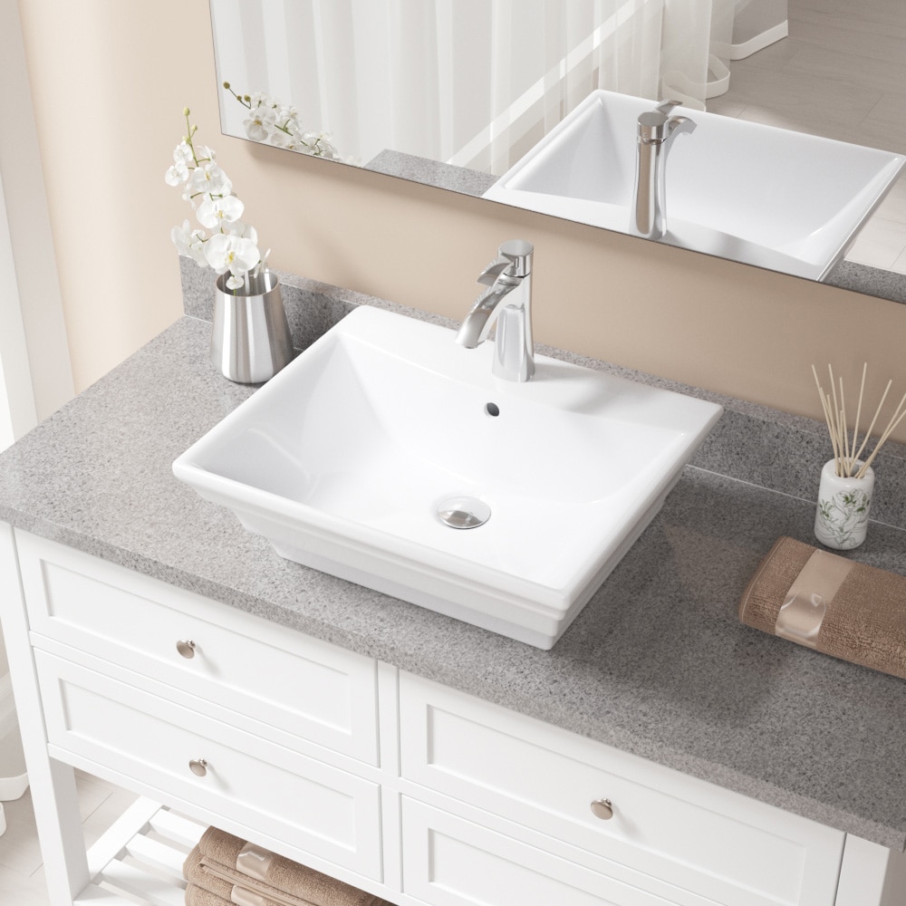 MR Direct V160-W-725-C Porcelain Vessel Rectangular Traditional White Bathroom Sink with Faucet Included with Drain Included ( 19.88-Inches x 17.13-Inches )