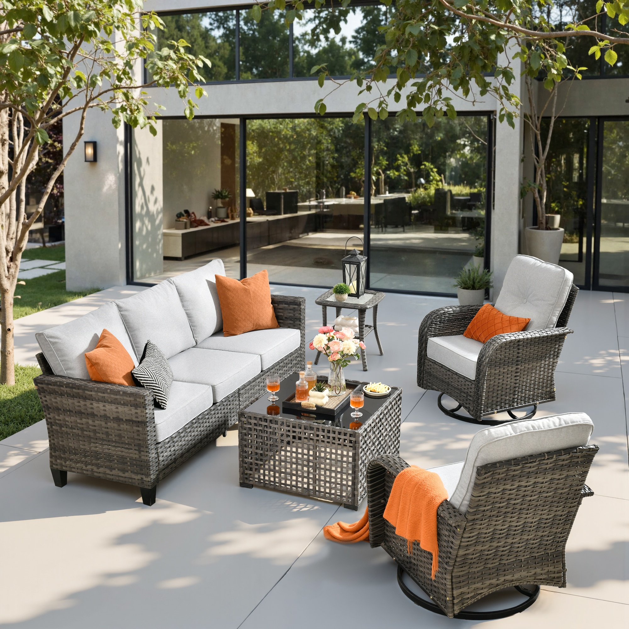 weaxty HMBYZGNCNGRS701S51 Initial 5 -Piece Wicker Patio Sofa Conversation Set with Gray Cushions