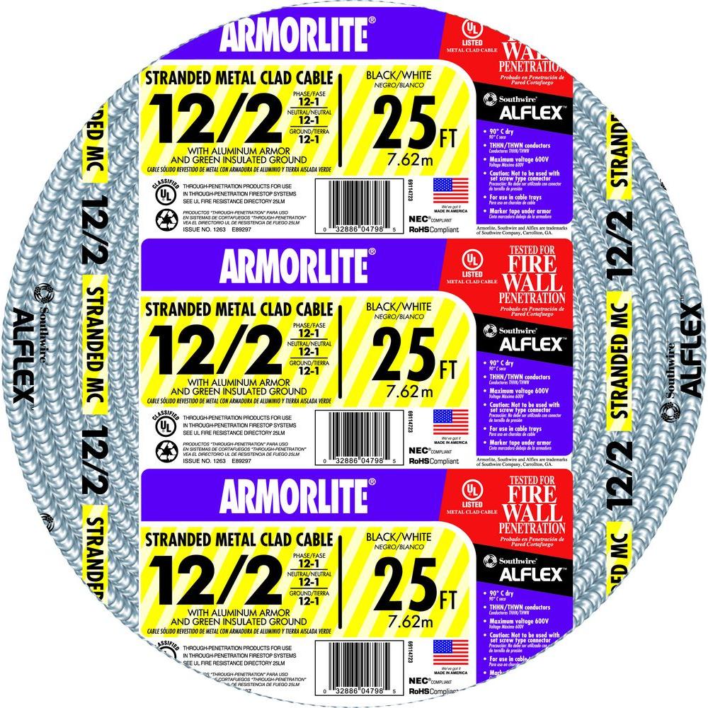 Southwire 69114721 Armorlite 25-ft 12 / 2 Stranded Aluminum MC (Metal Clad) Cable