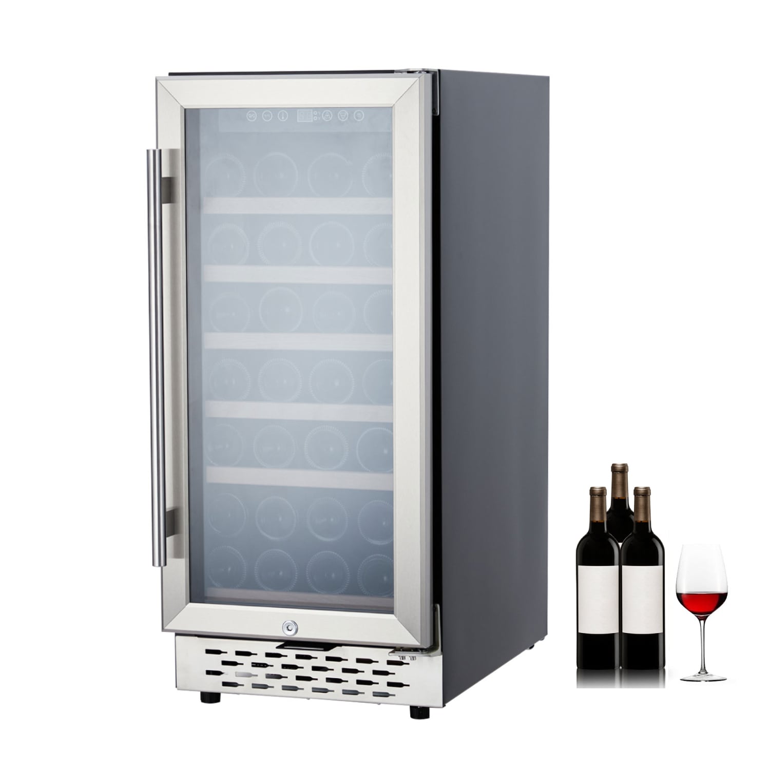 Der Rose LMXPHO-12NK-0912YGL8 28 Bottle Small Wine Fridge with Glass Door and Safety Lock for Home Gray