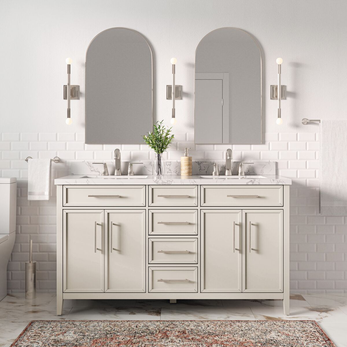 Origin 21 LWS60BMSV Sybil 60-in Muse Gray Undermount Double sink Bathroom Vanity with White Engineered Calacatta Veined Engineered stone Top