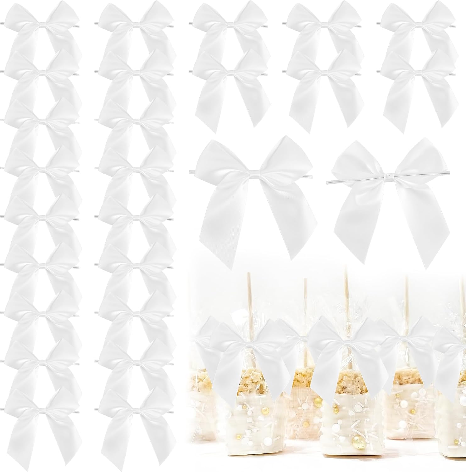 LIBONGTA Gift Wrap Bows 24-Pack 4.5-in White Satin Ribbon Pre-Tied