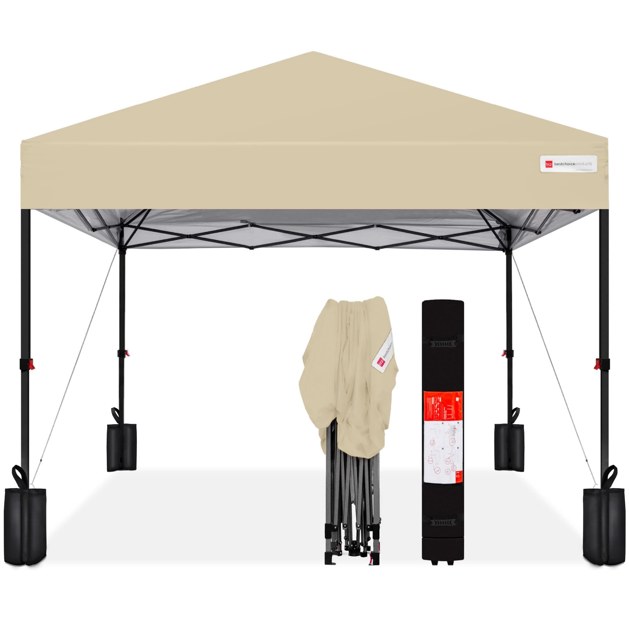 Best Choice Products SKY7810 8x8ft Easy Setup Pop Up Canopy w/ 1-Button Setup Wheeled Case 4 Weight Bags - Sand