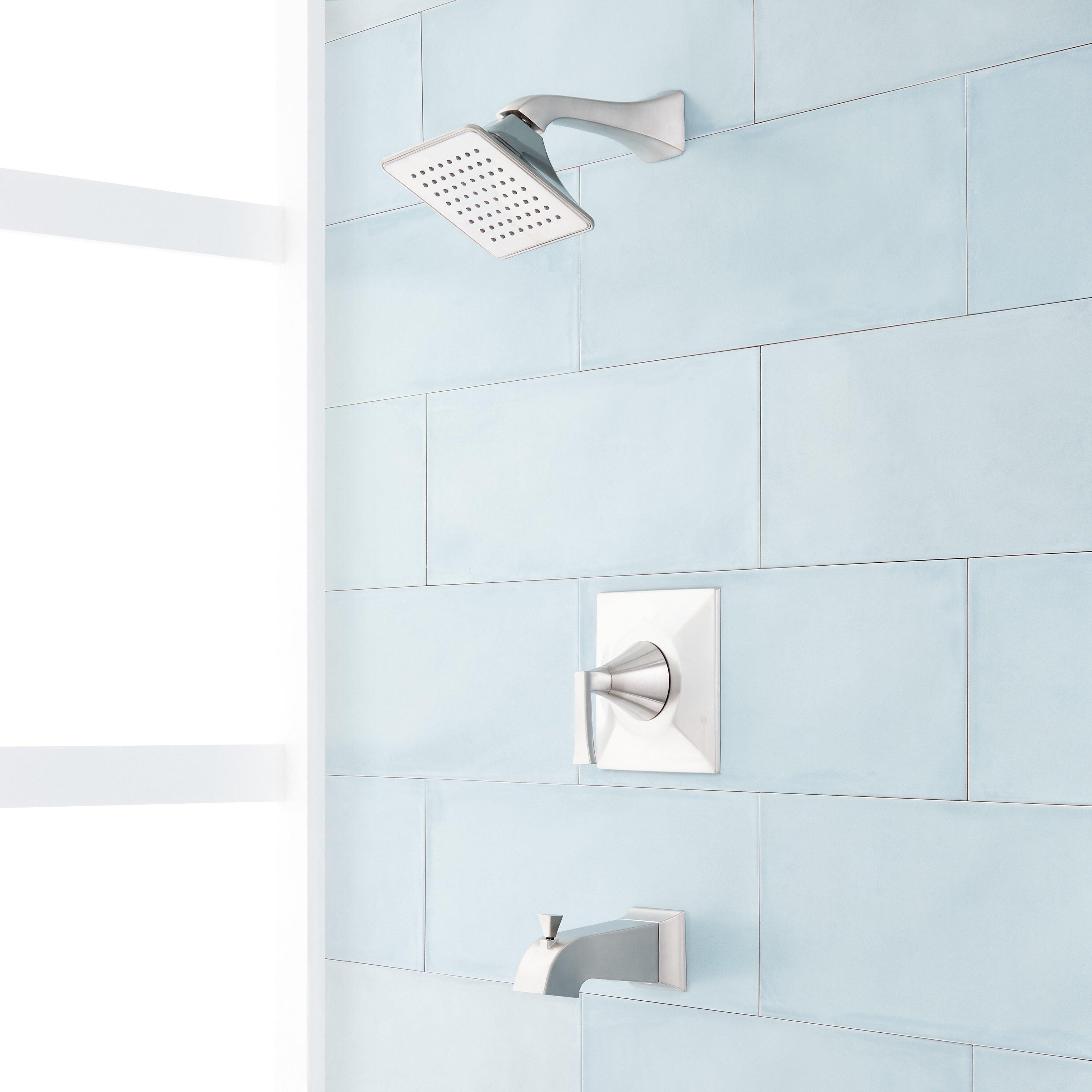 Signature Hardware 449075 Brushed Nickel 1-handle Single function 6-Inches Square Bathtub and shower Faucet with Valve