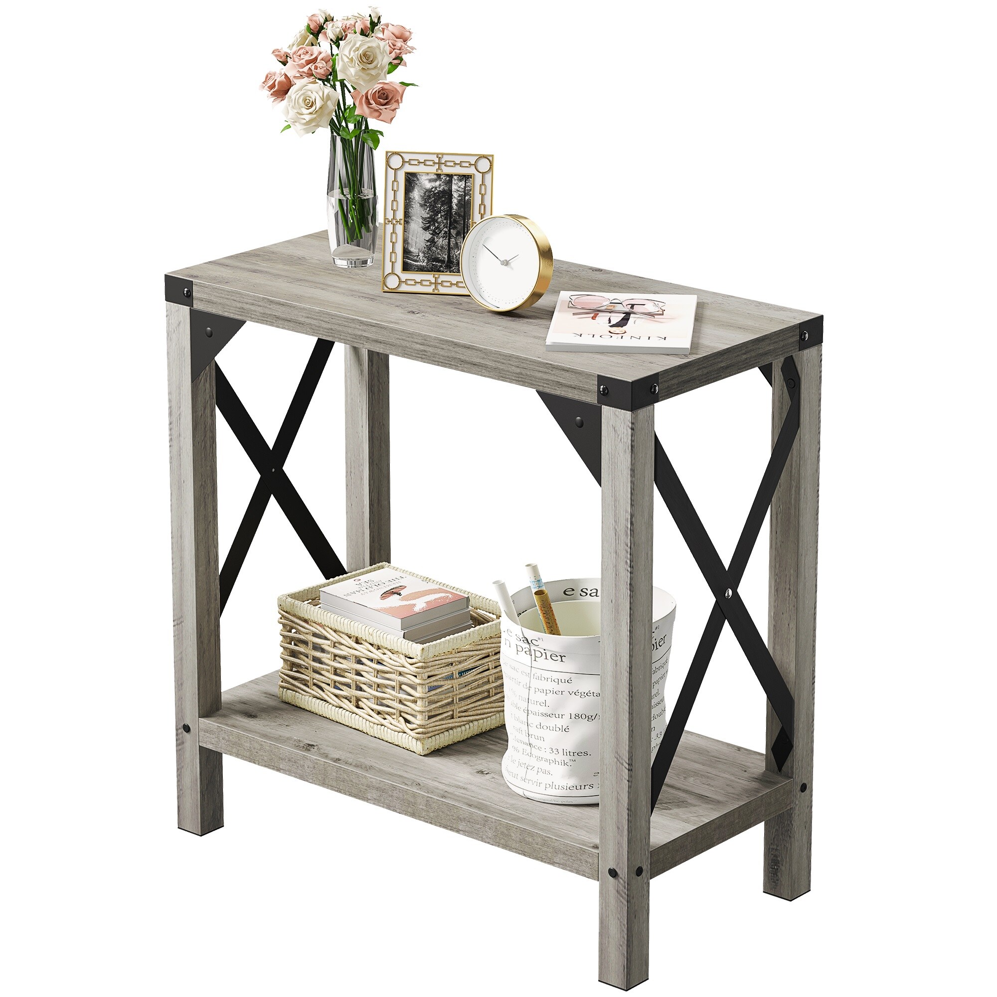 Garvee PHO-0SC1T7IZ 23.62-Inches W x 23.62-Inches H Gray Wood Rectangular Farmhouse End Table with Storage Assembly Required