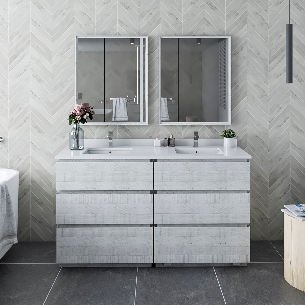 Fresca FVN31-3030RWH-FC Formosa 60-in Rustic White Undermount Double sink Bathroom Vanity with White Quartz Top (Mirror Included)