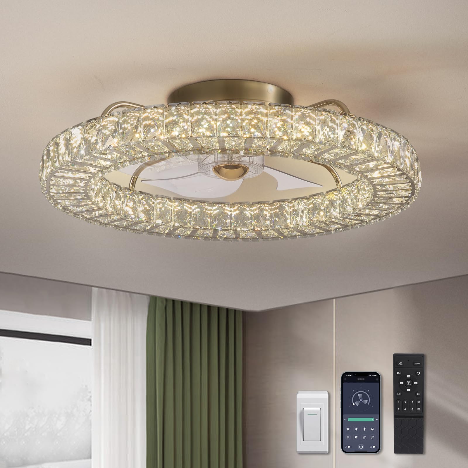 SILJOY CFL-1103-03 Flush mount Ceiling Fan with Light and Remote Control Include