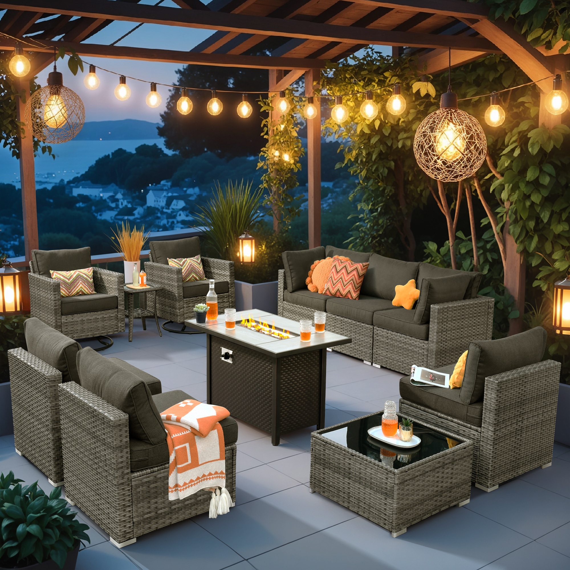 XIZZI XIHOPS106-RC3IFP Sunrise 11 -Piece Rattan Patio Sofa Conversation Set with Black Cushions